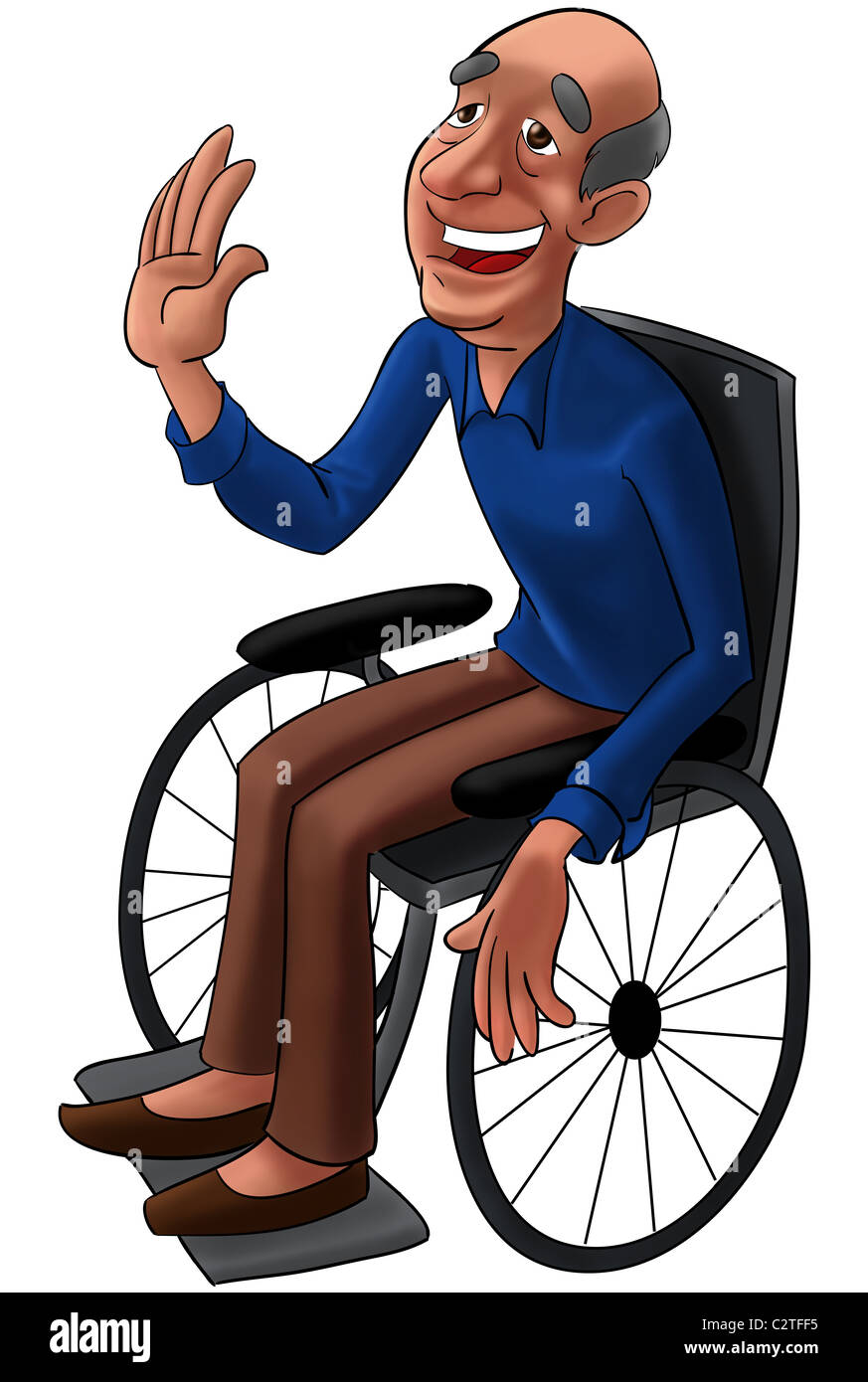 Un sorridente uomo vecchio con la maglietta blu seduto in una sedia a rotelle Foto Stock