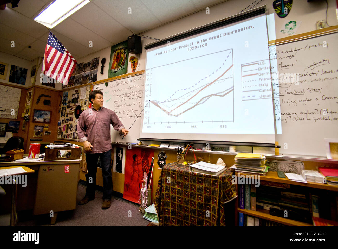 Un insegnante di storia utilizza un display a cristalli liquidi (LCD) proiettore quando parlando alla sua classe su la Grande Depressione. Foto Stock