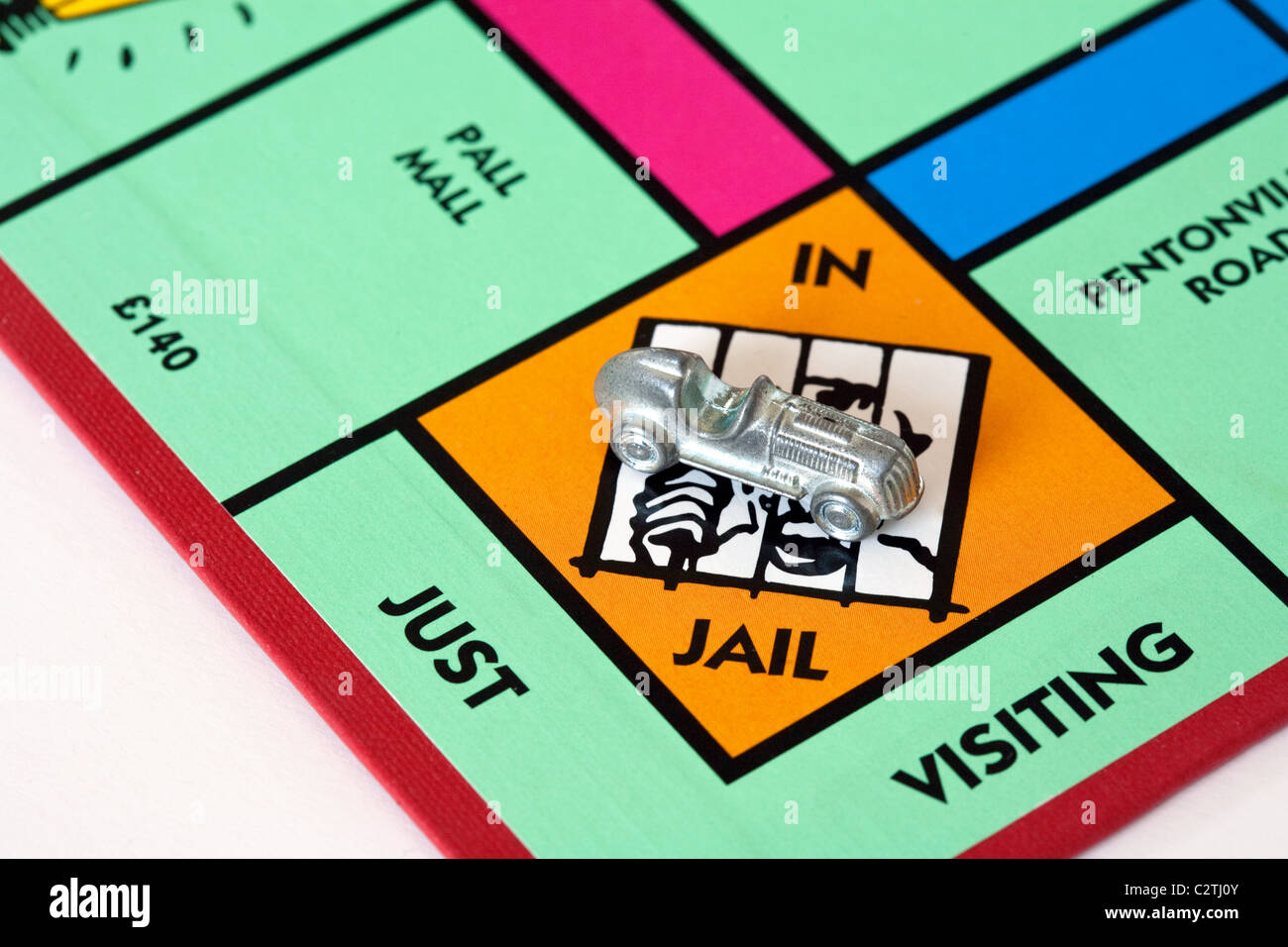 Un pezzo auto in prigione su una scheda di monopolio REGNO UNITO Foto Stock