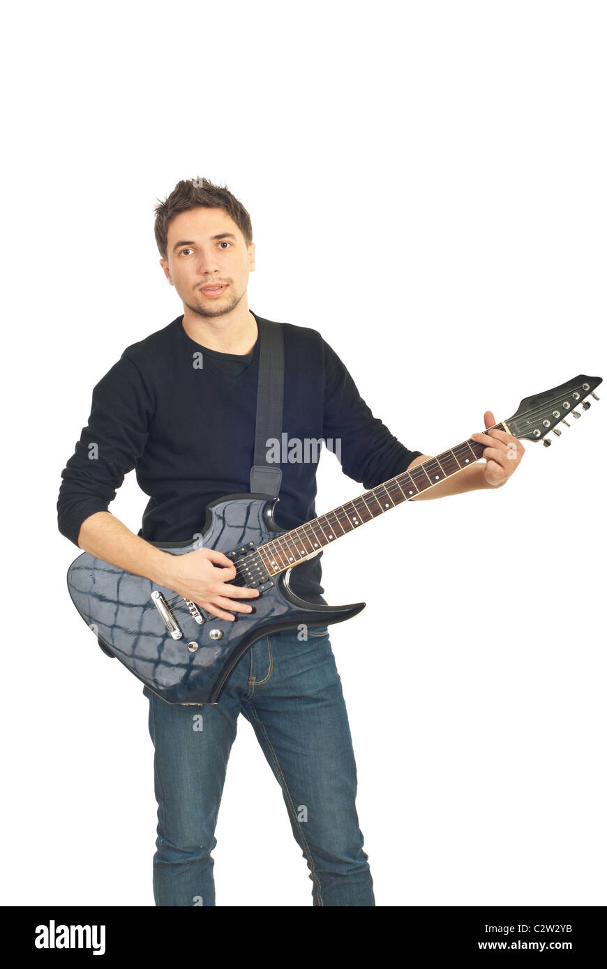 Uomo informale a suonare la chitarra isolato su sfondo bianco Foto Stock