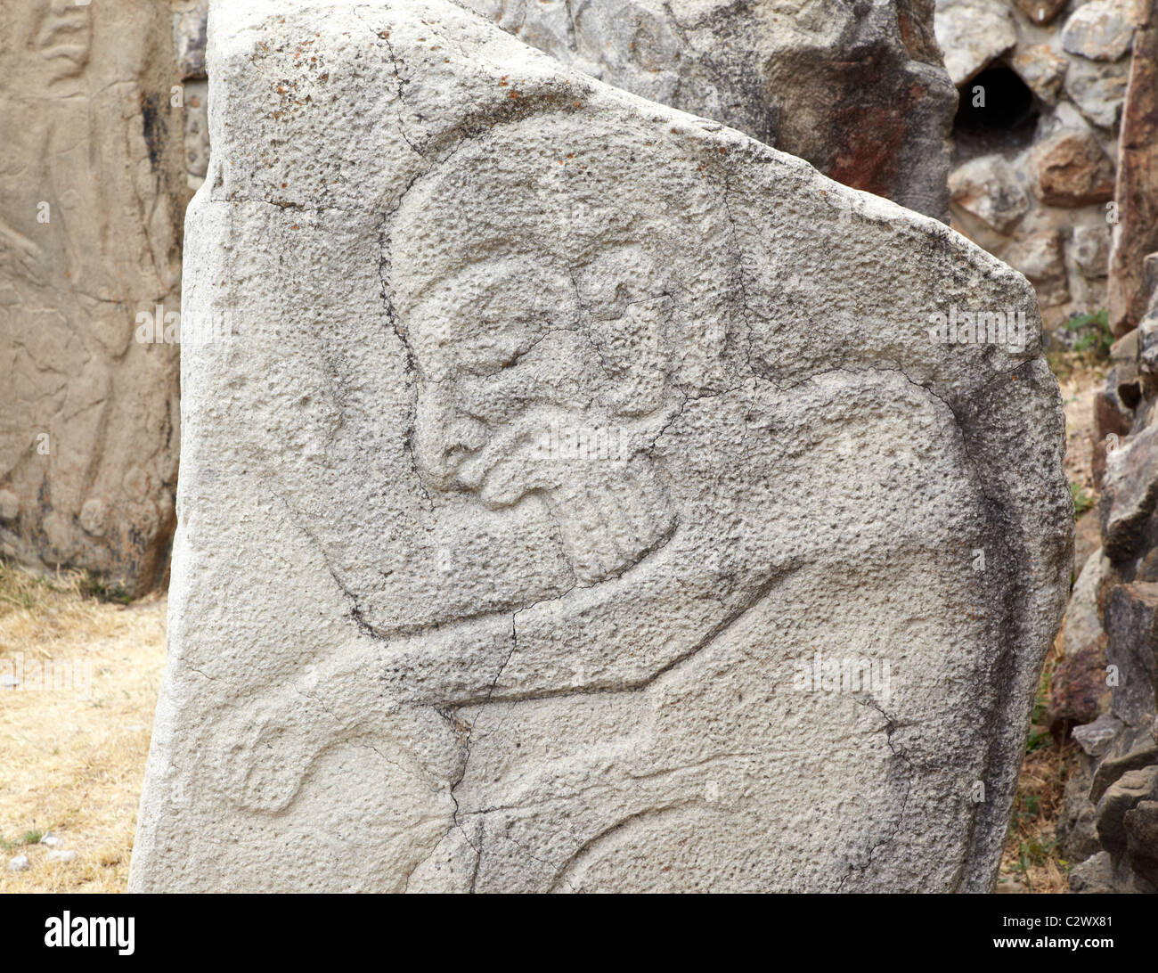 Sculture in pietra di divinità al Monte Alban rovine dello Stato di Oaxaca Messico Foto Stock