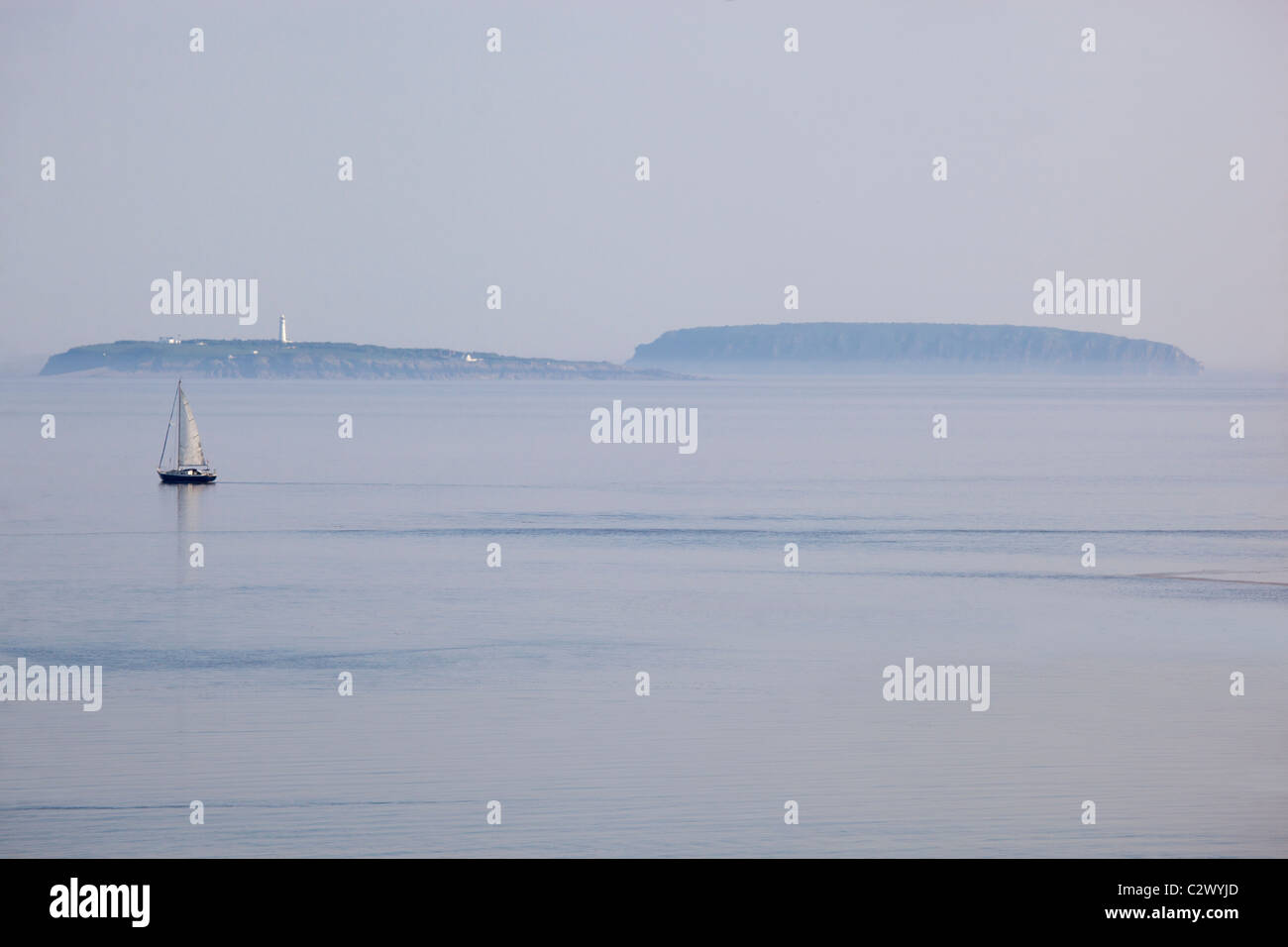 Vista piana e ripide Holm isole da Penarth Galles del Sud Foto Stock