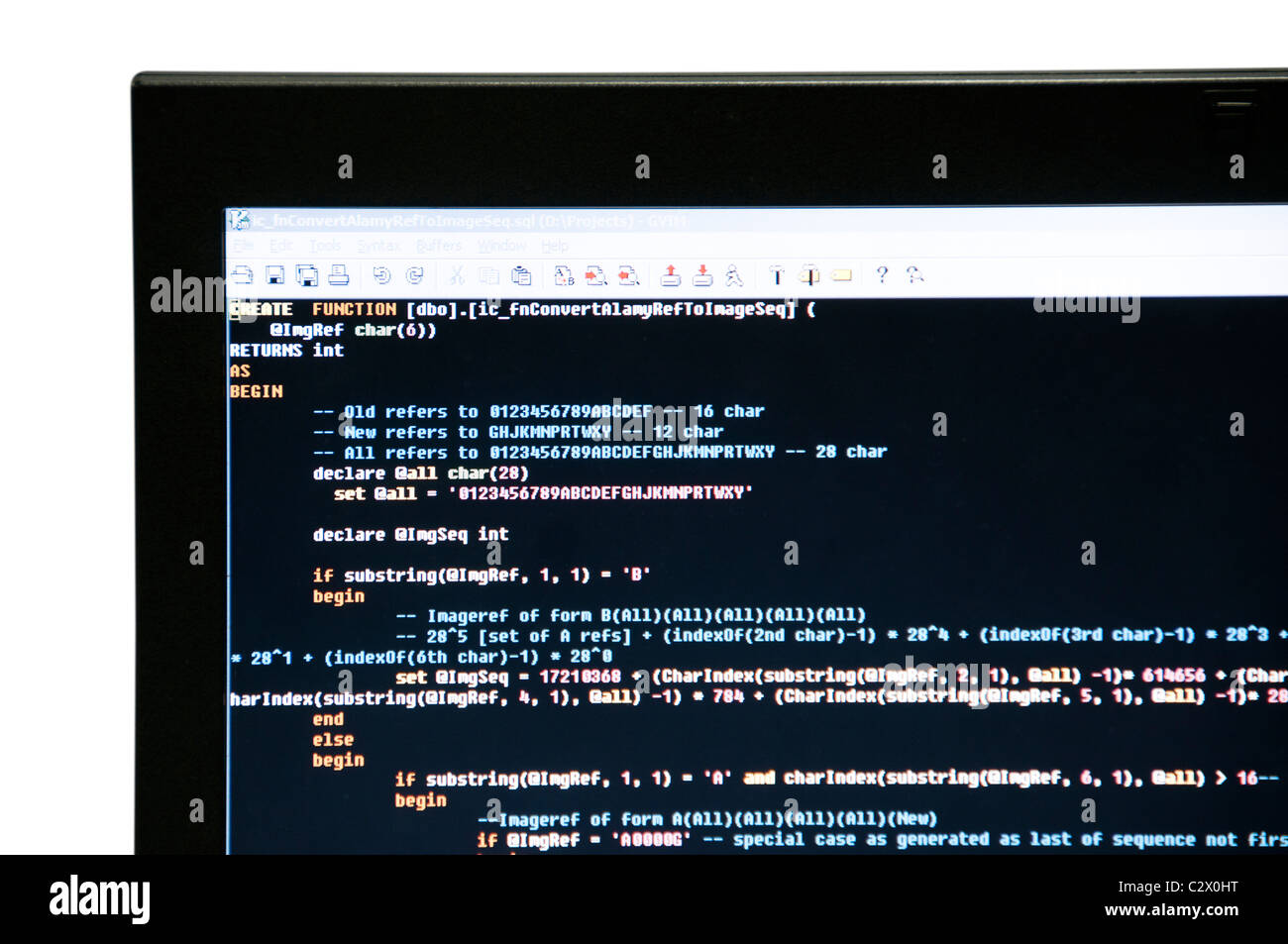Schermo di computer intaglio con programma software sullo schermo Foto Stock