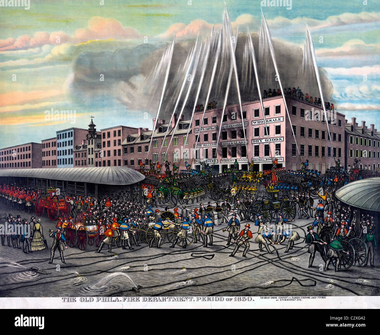 La vecchia Philadelphia vigili del fuoco mettendo un tripudio. Periodo di 1850 Foto Stock