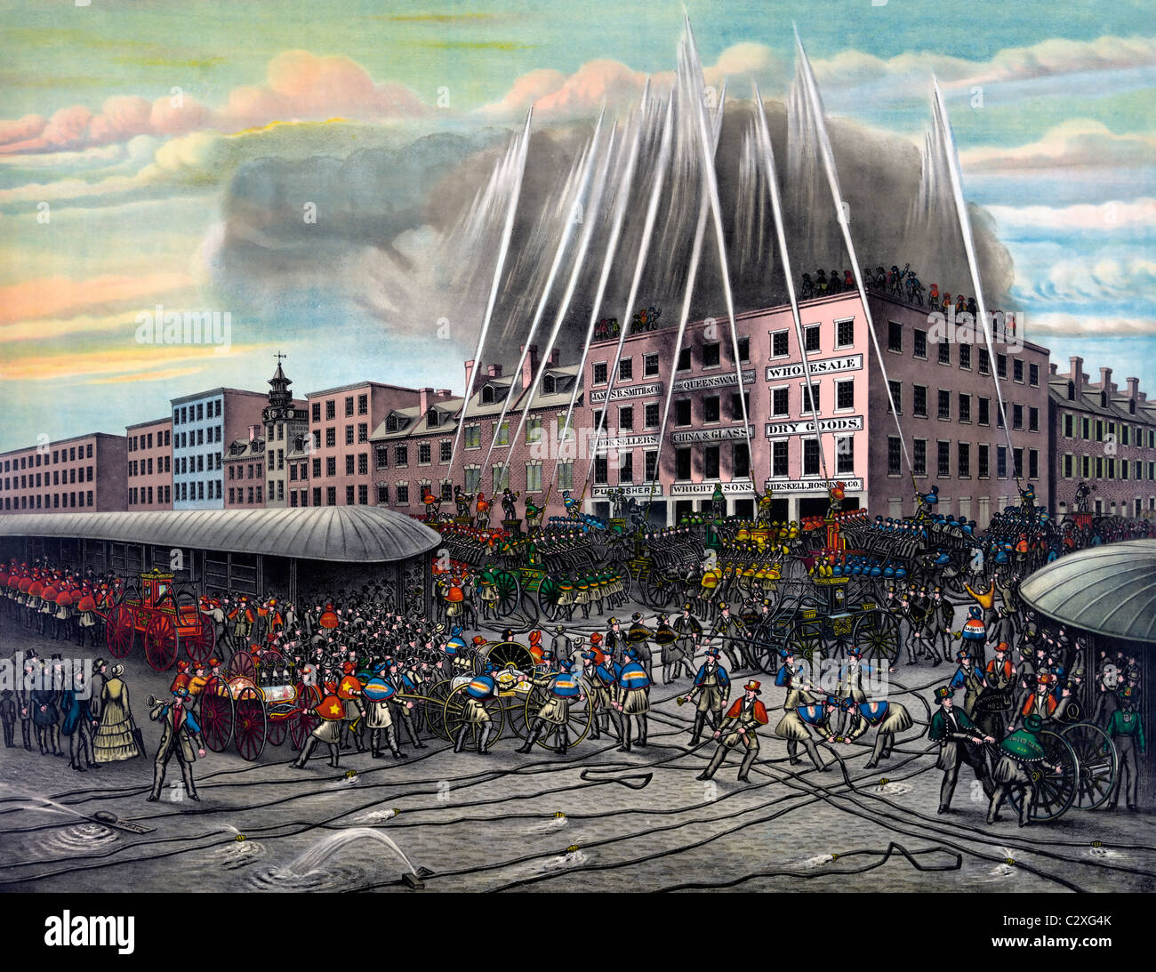 La vecchia Philadelphia vigili del fuoco mettendo un tripudio. Periodo di 1850 Foto Stock