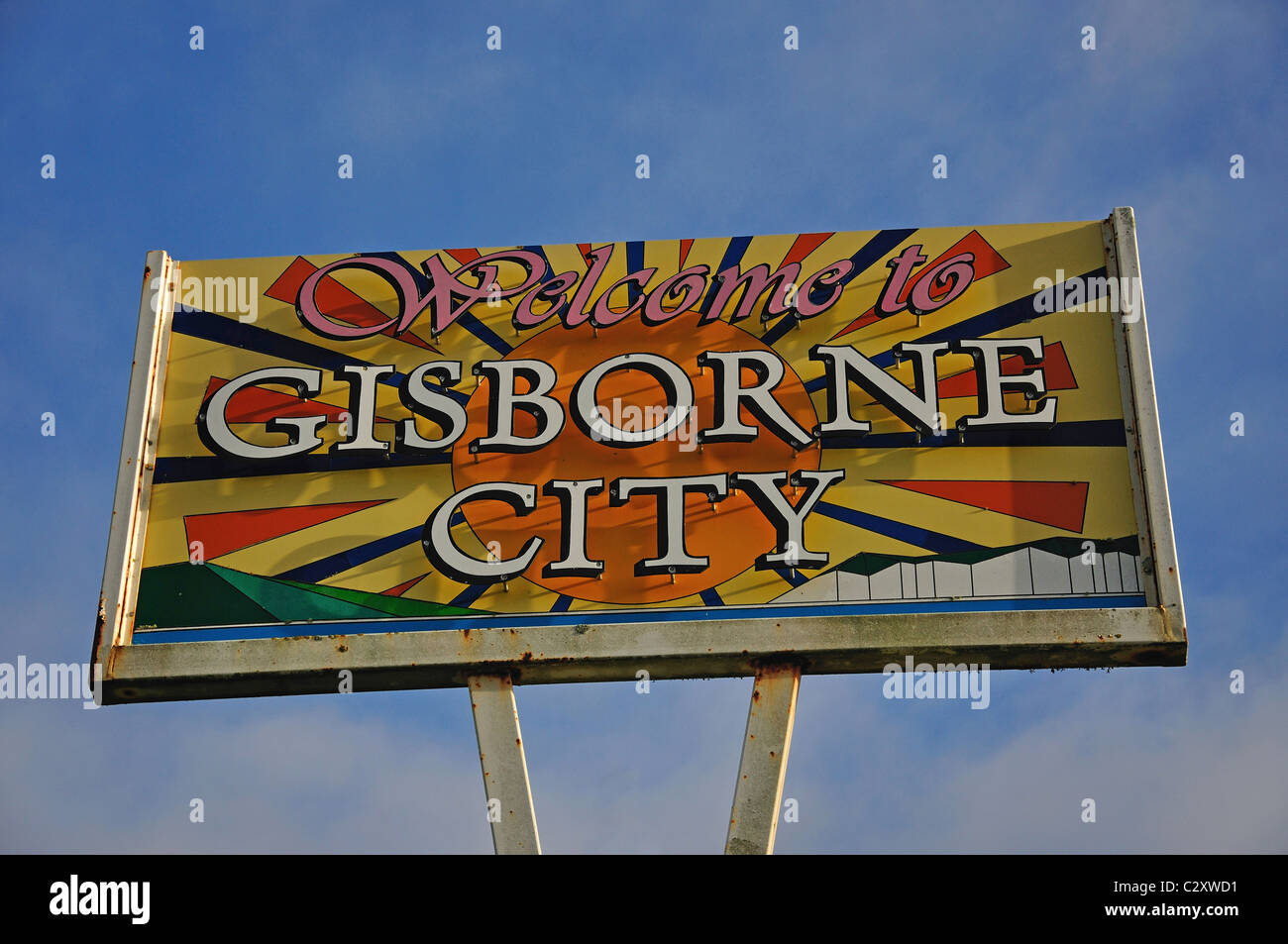 "Benvenuti a Gisborne City' segno, Gisborne, Gisborne distretto, Isola del nord, Nuova Zelanda Foto Stock