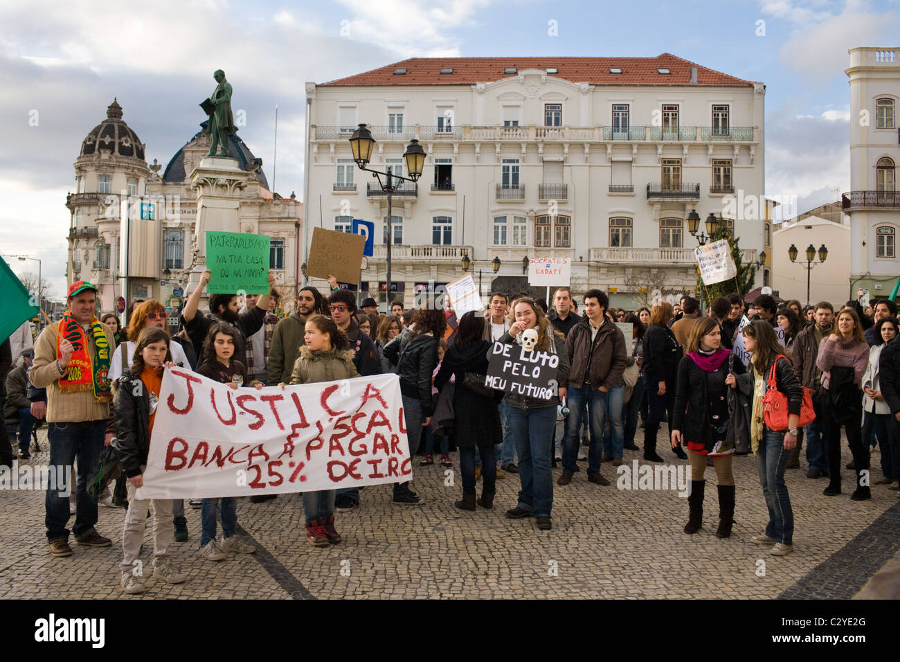 Anti-bank, pro-lavori protesta a Coimbra, Portogallo Foto Stock
