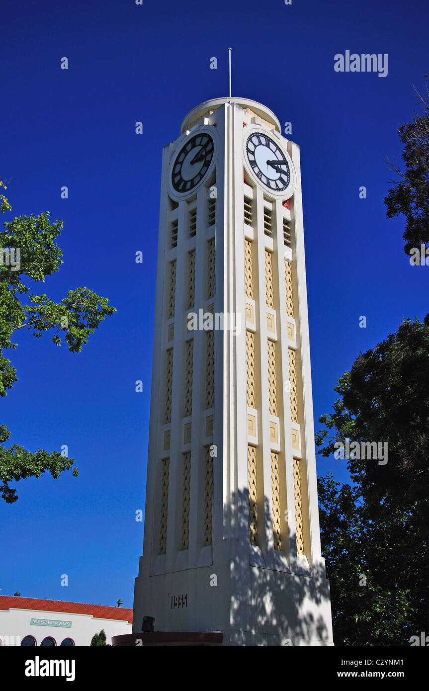 Art Deco Clock Tower, Hastings City Square, Hastings, Hawke's Bay, Isola del nord, Nuova Zelanda Foto Stock