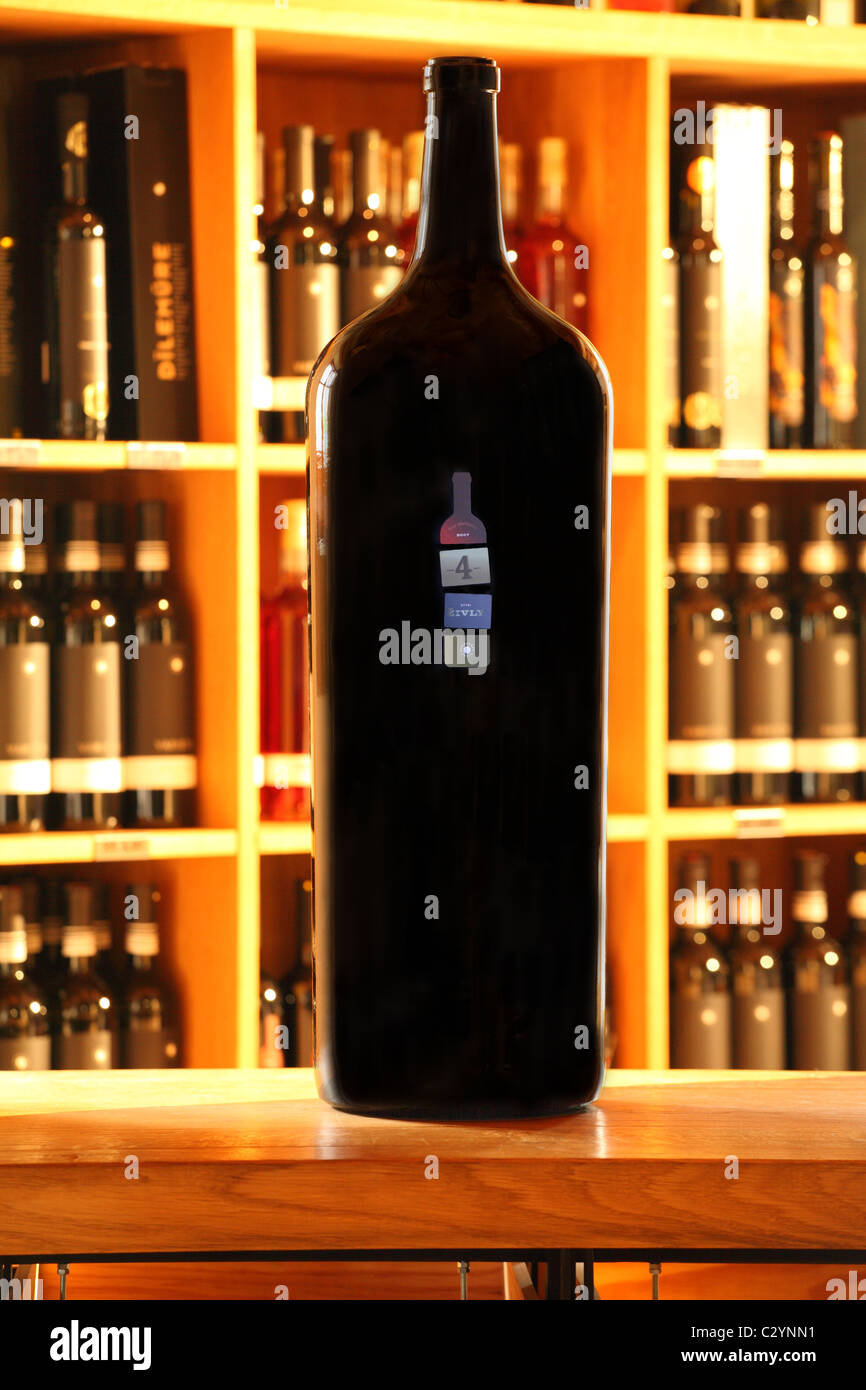 Grande bottiglia di vino rosso cuvee nel negozio del vino di Karpatska Perla, cantina in Slovacchia. Foto Stock