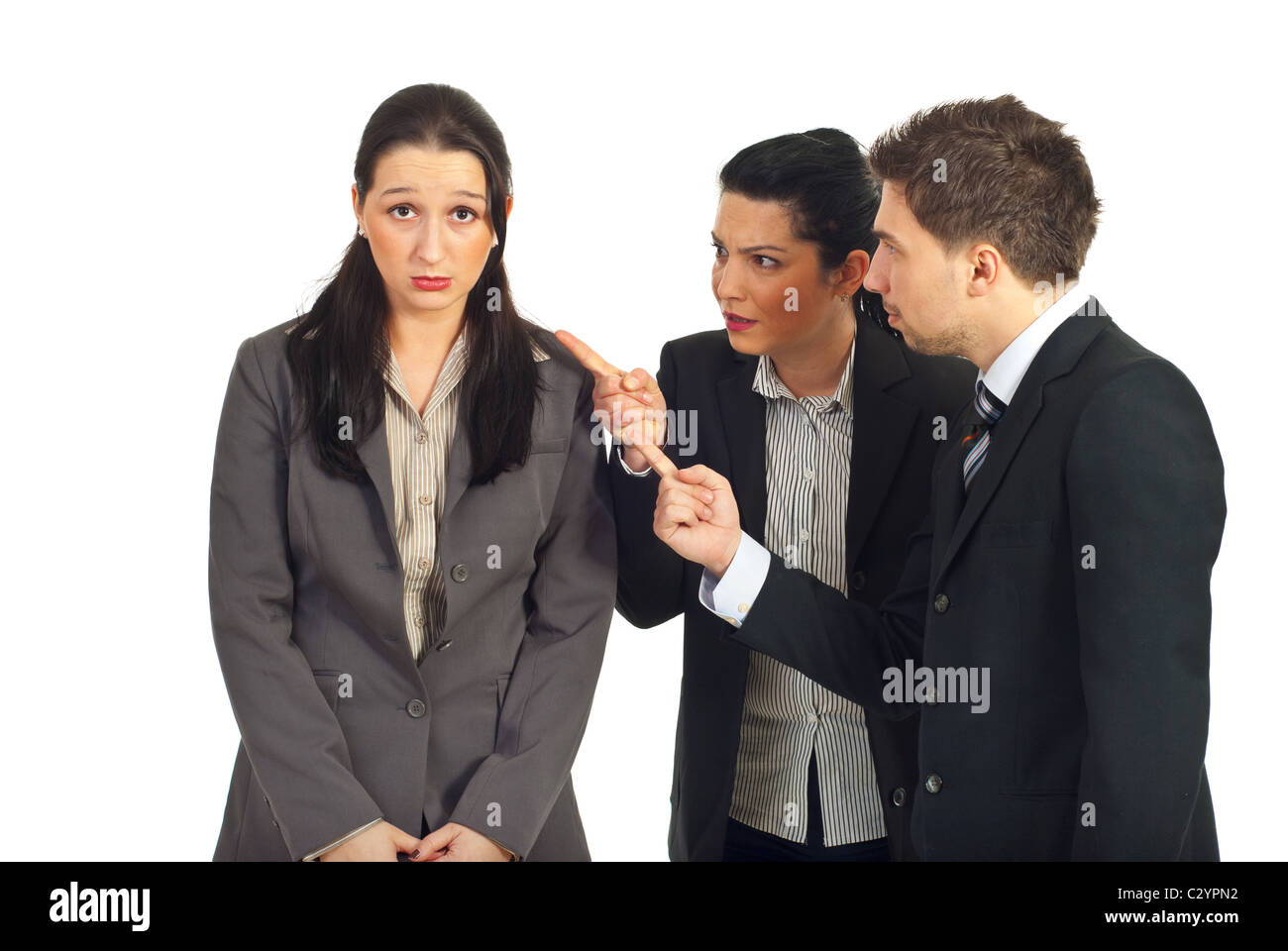 Due gestori sostengono un datore di lavoro donna isolato su sfondo bianco Foto Stock