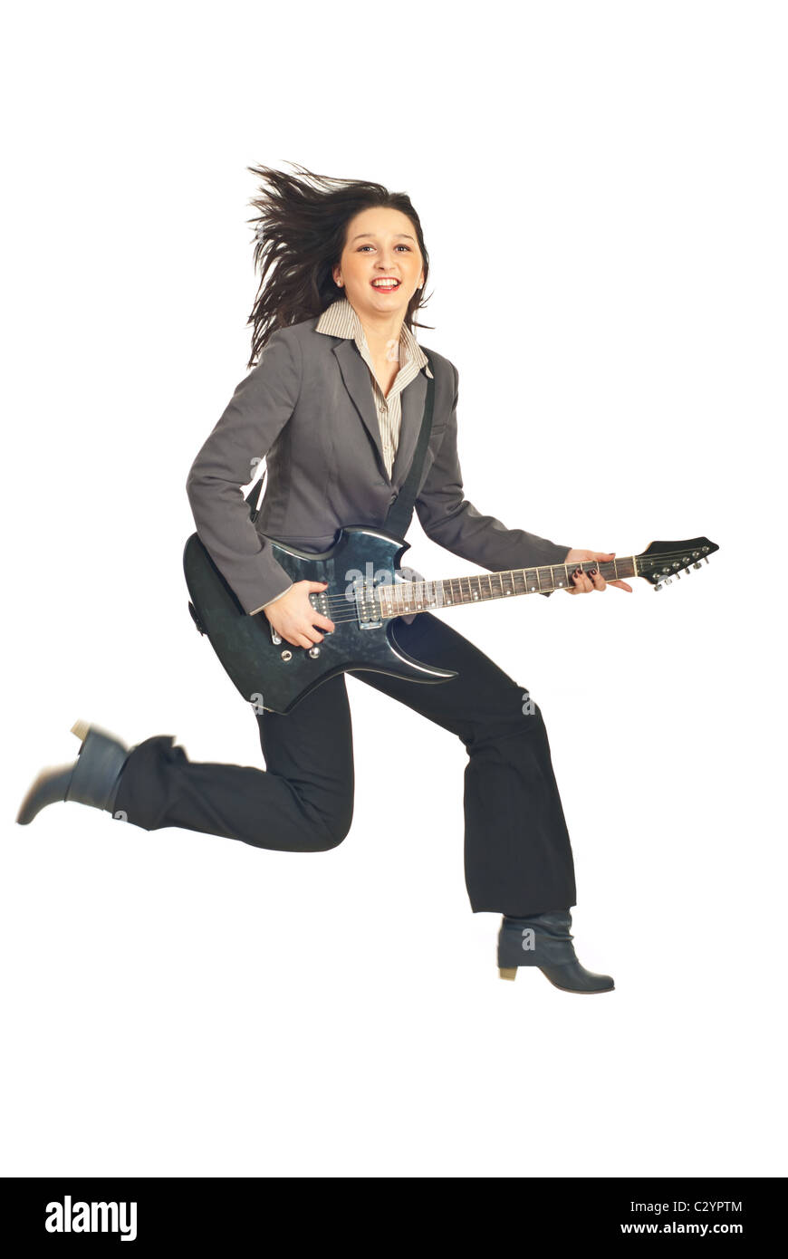 Happy business donna salta con chitarra isolato su sfondo bianco Foto Stock