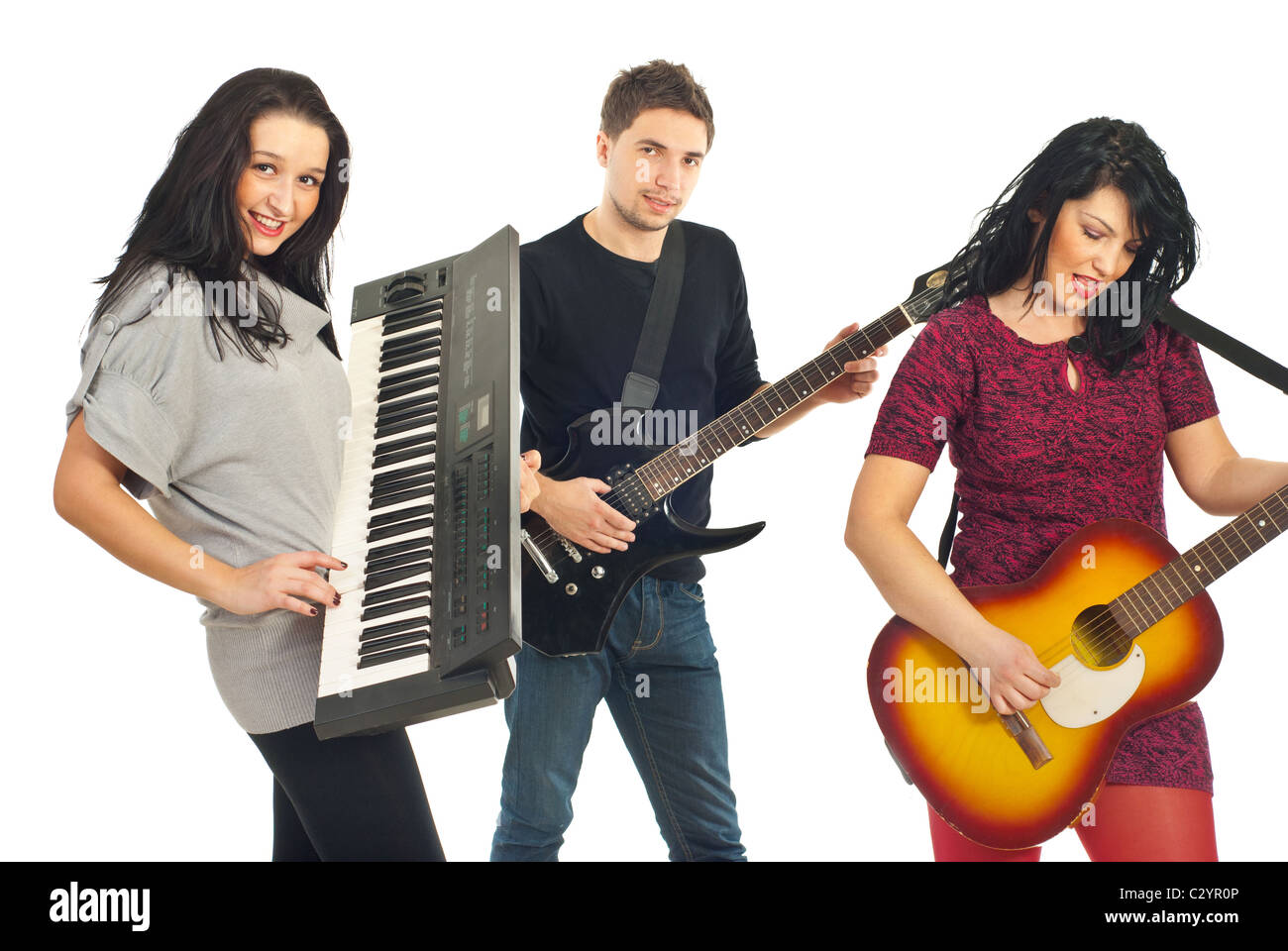 Gruppo di banda di giovani suonare strumenti musicali isolati su sfondo bianco Foto Stock