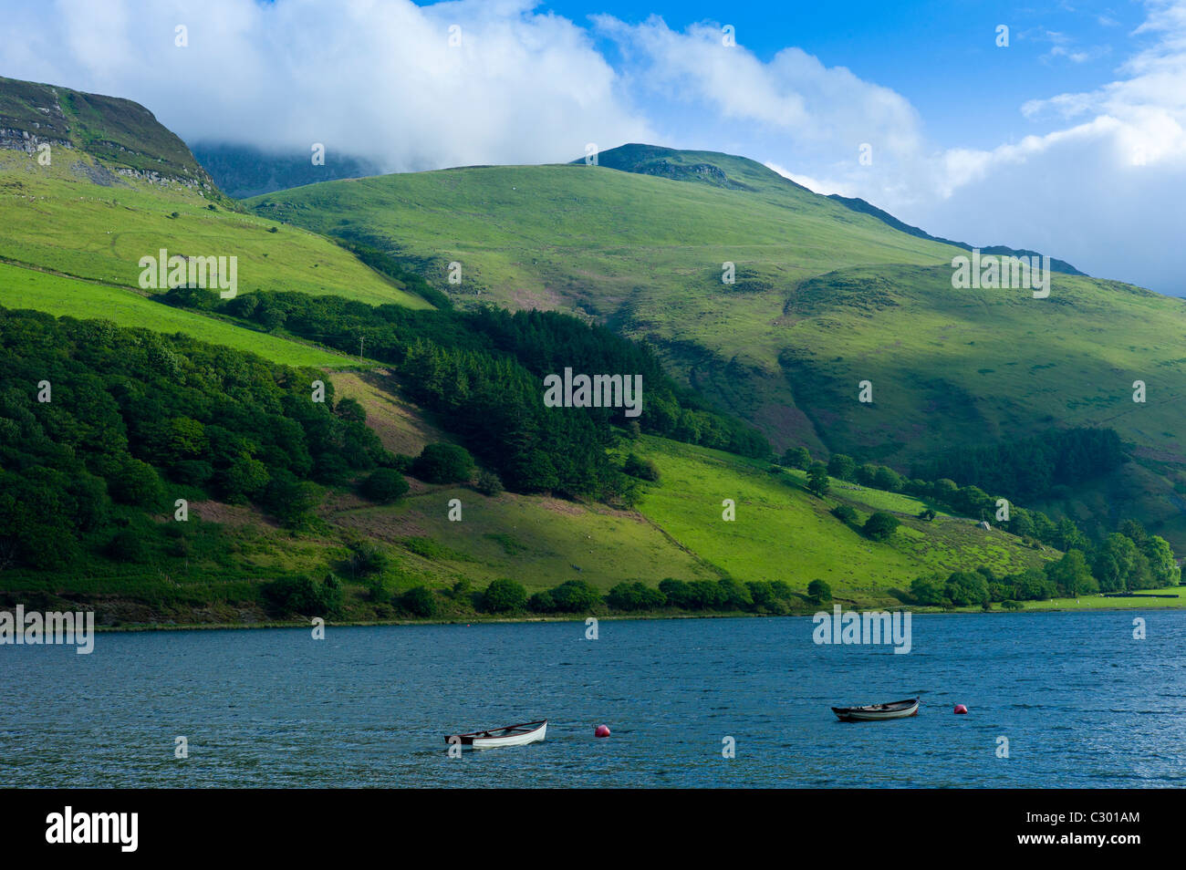 Barche da pesca sotto il cielo ceruleo sul lago tal-Y-Llyn, Snowdonia, Gwynned, Galles Foto Stock