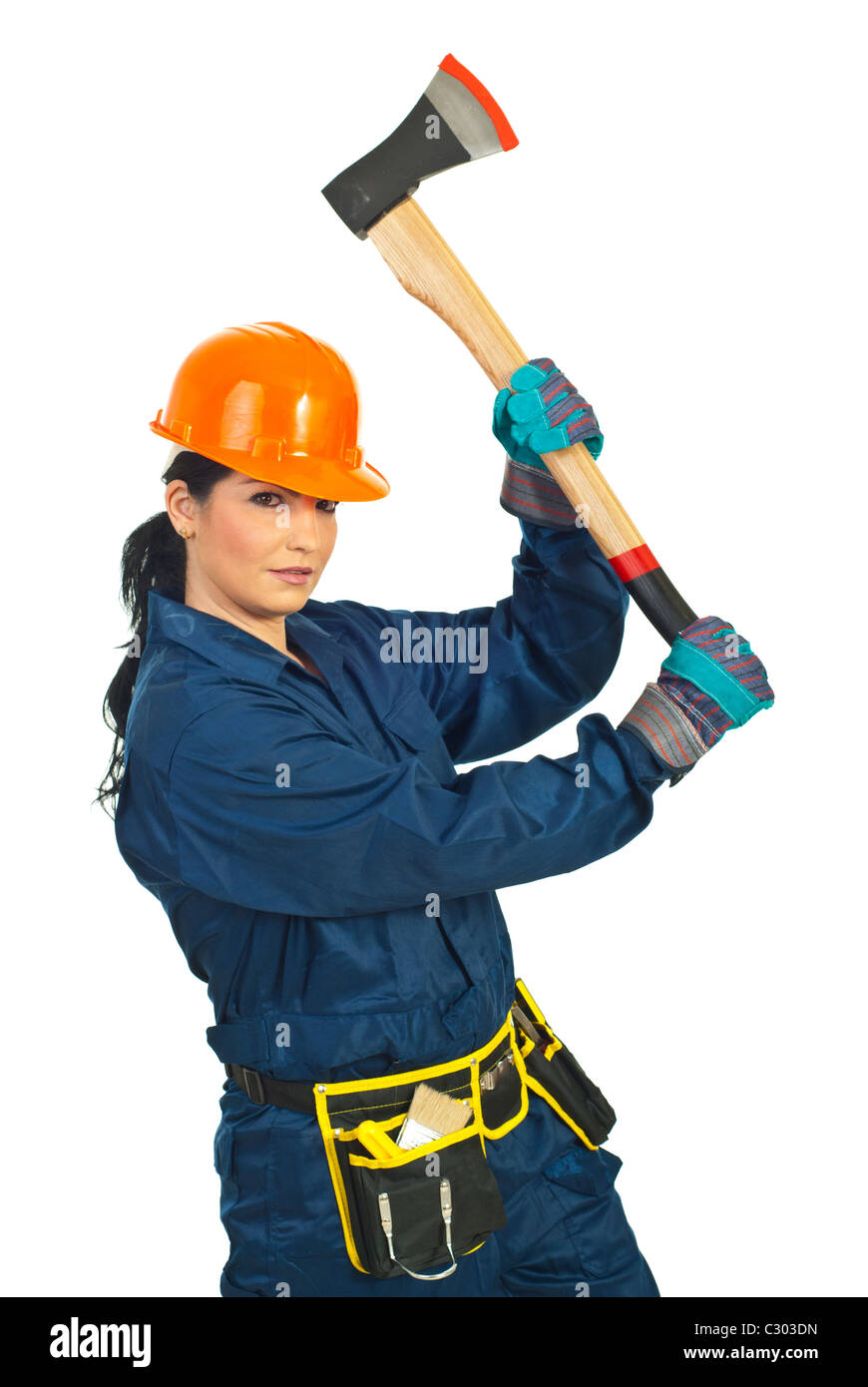 Builder donna che lavorano con ax isolati su sfondo bianco Foto Stock