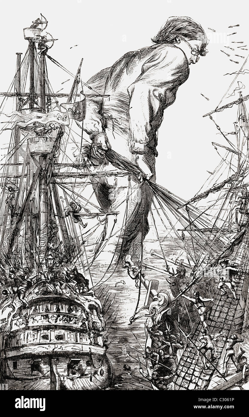 Ho preso il annodato estremità dei cavi, a cui il mio uncini erano legate. Illustrazione da i viaggi di Gulliver pubblicato c.1875 Foto Stock