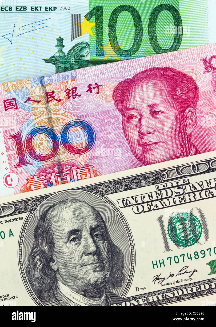 Dollaro, le banconote in euro e Yuan Foto Stock