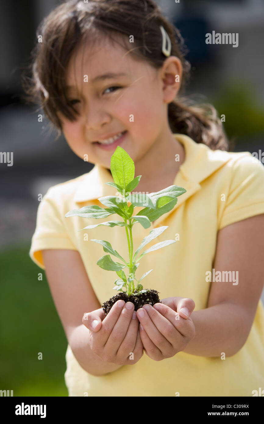 Bella ragazza asiatica impianto tiene nelle sue mani Foto Stock