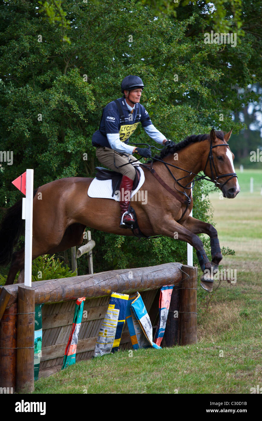 William Fox-Pitt, Olympic eventer, equitazione Blue River bay a cavallo horse trials evento in poco Mattingly, Hampshire, Regno Unito Foto Stock