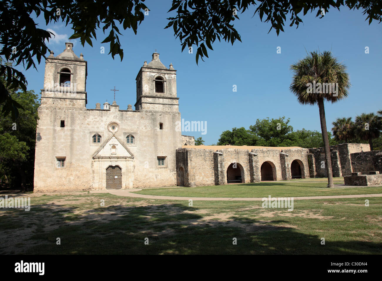 Chiesa alla missione Concepcion in San Antonio, Texas Foto Stock