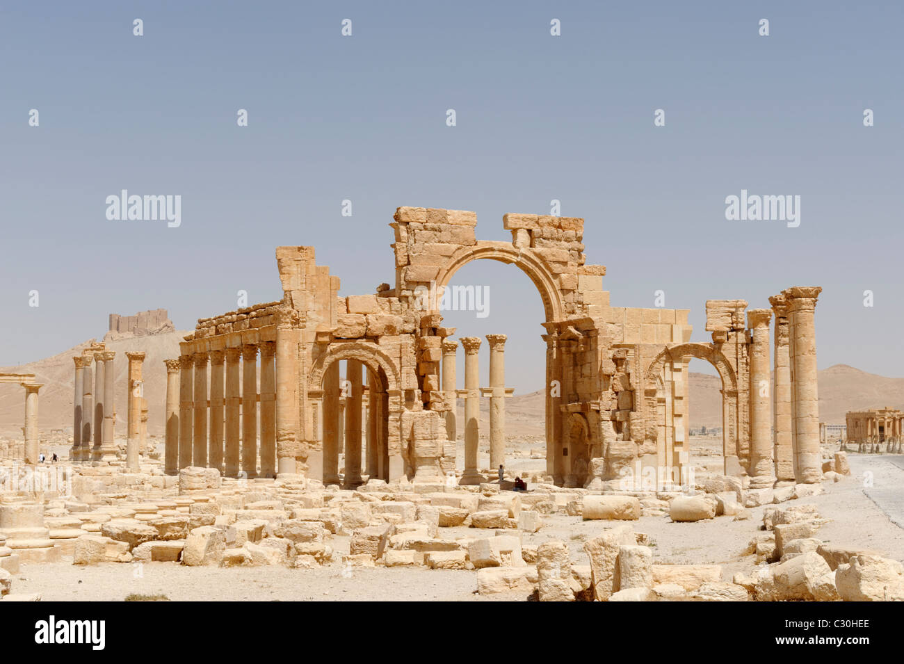 Palmyra. La Siria. Vista di fronte dell'arco monumentale che è stato costruito agli inizi del terzo secolo D.C. sotto Settimio Severo Foto Stock