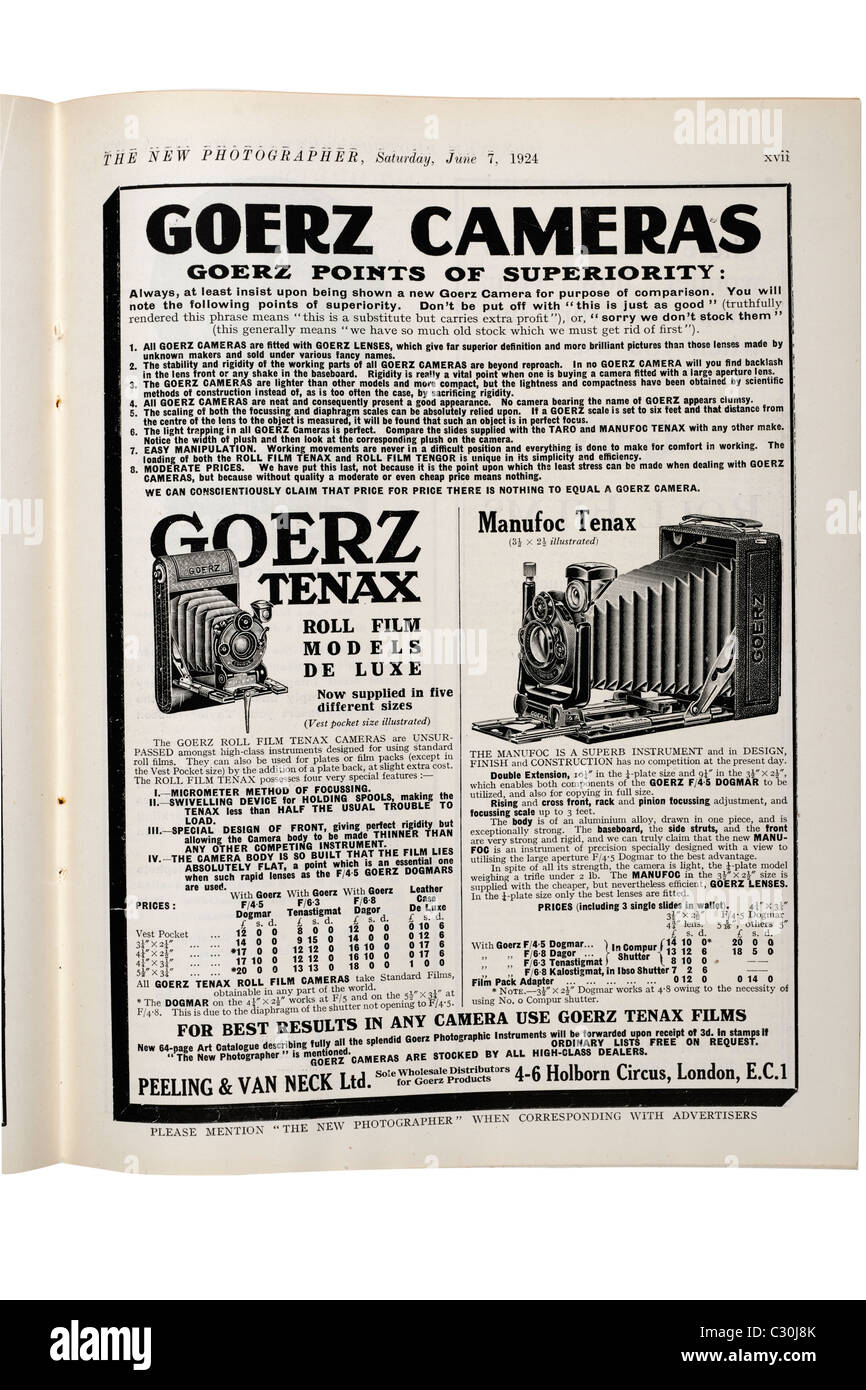 Vecchia pubblicità vintage per telecamere Goerz dal nuovo fotografo magazine datato sabato 7 giugno 1924. Solo editoriale Foto Stock