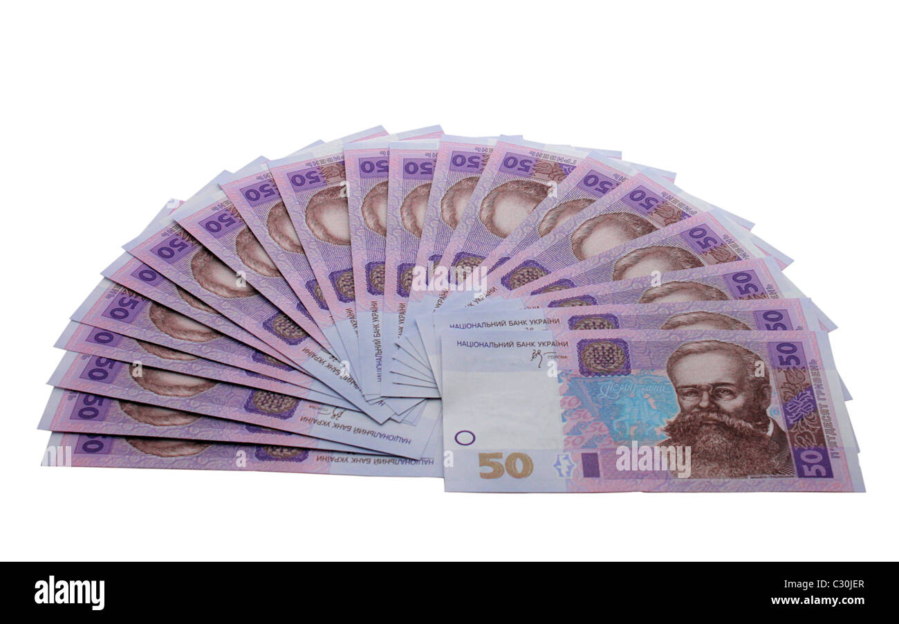 A forma di ventola cinquanta hrivnas (Ucraina) banconote isolato su bianco Foto Stock