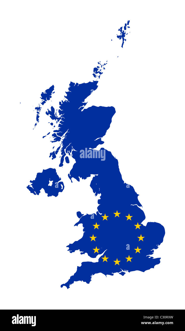 Bandiera europea su mag del Regno Unito; isolati su sfondo bianco. Foto Stock