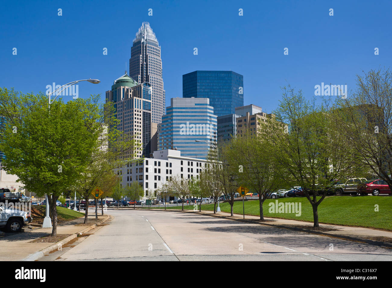 Città skyline del centro cittadino di Charlotte nella Carolina del Nord Foto Stock