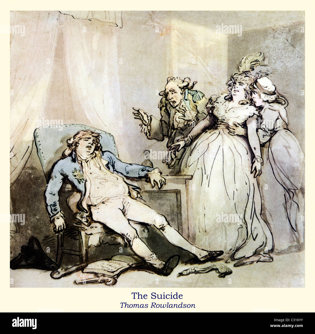 Rowlandson, il suicidio, una moglie sviene nelle braccia della sua cameriera come Lei trova il suo marito ha preso la propria vita Foto Stock