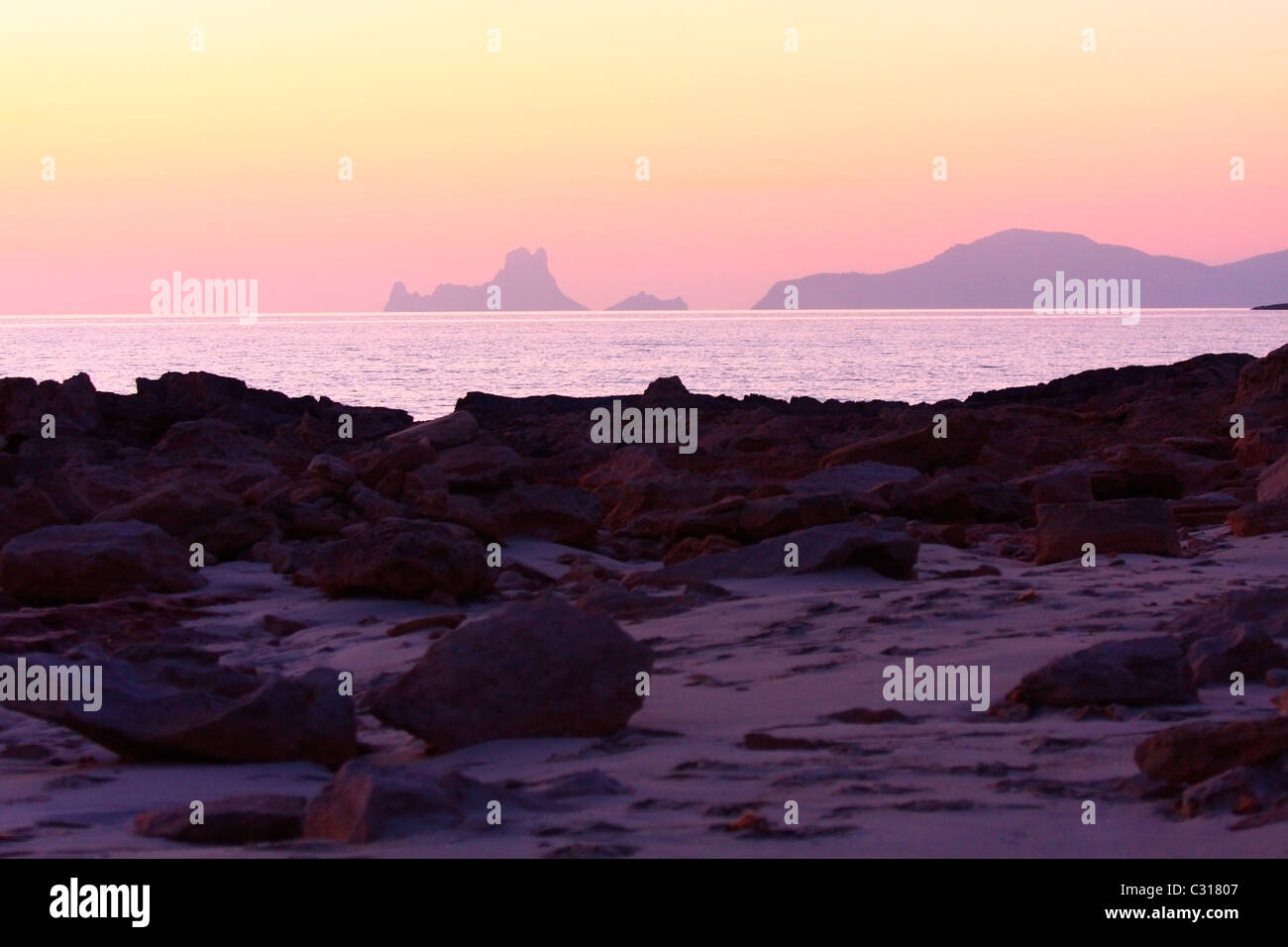 La spiaggia Es Trucadors in Illetas, nell'isola di Formentera (Isole Baleari, Spagna). Foto Stock