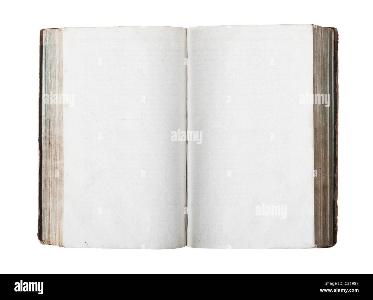 Aprire il vecchio libro con pagine vuote isolati su sfondo bianco Foto Stock