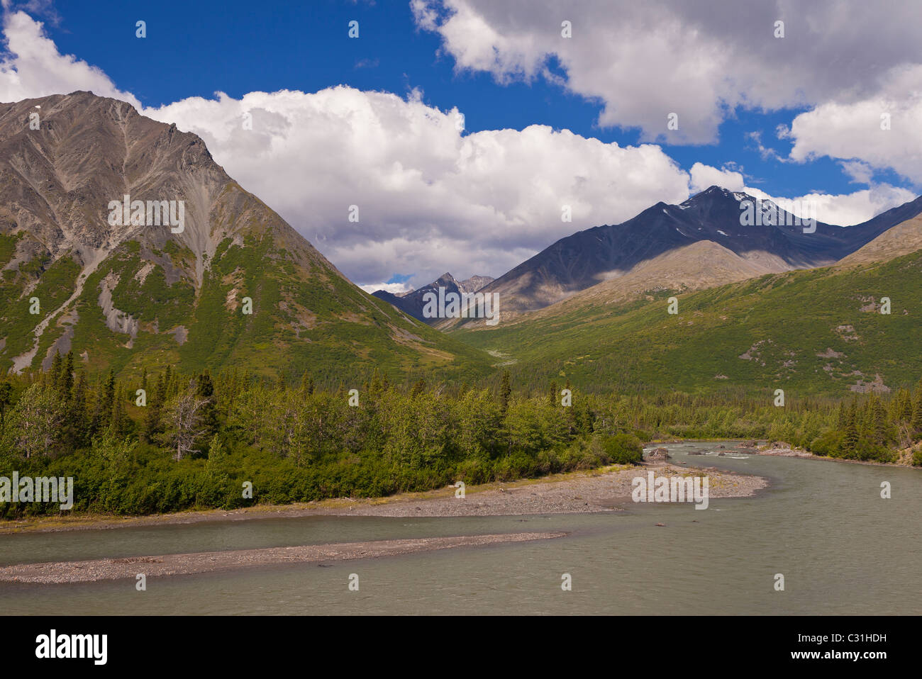 ALASKA, STATI UNITI D'AMERICA - il fiume e il paesaggio di montagna. Foto Stock
