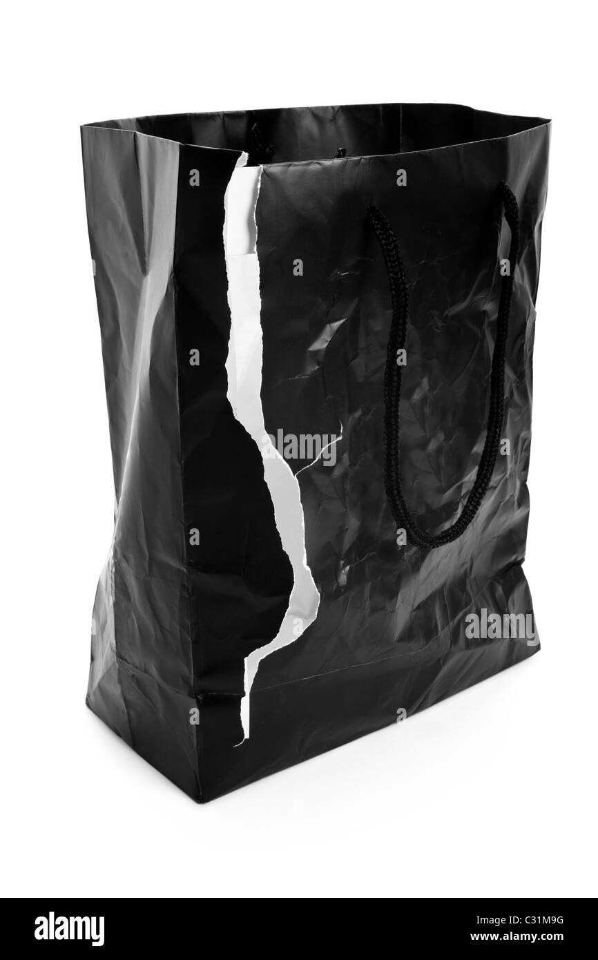 Nero strappato Shopping Bag con sfondo bianco Foto Stock