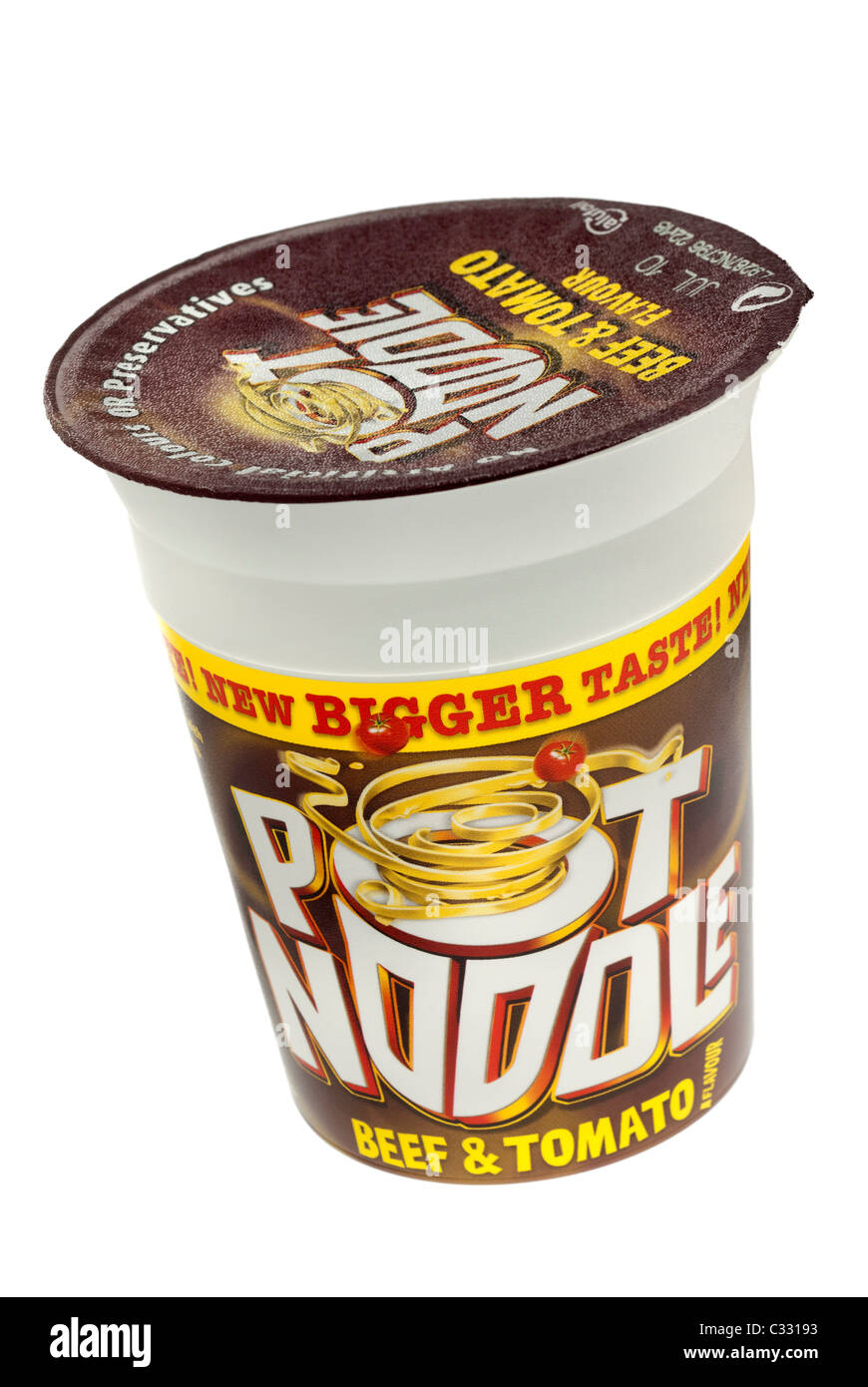 Pot Noodle Carni bovine e sapore di pomodoro Foto Stock