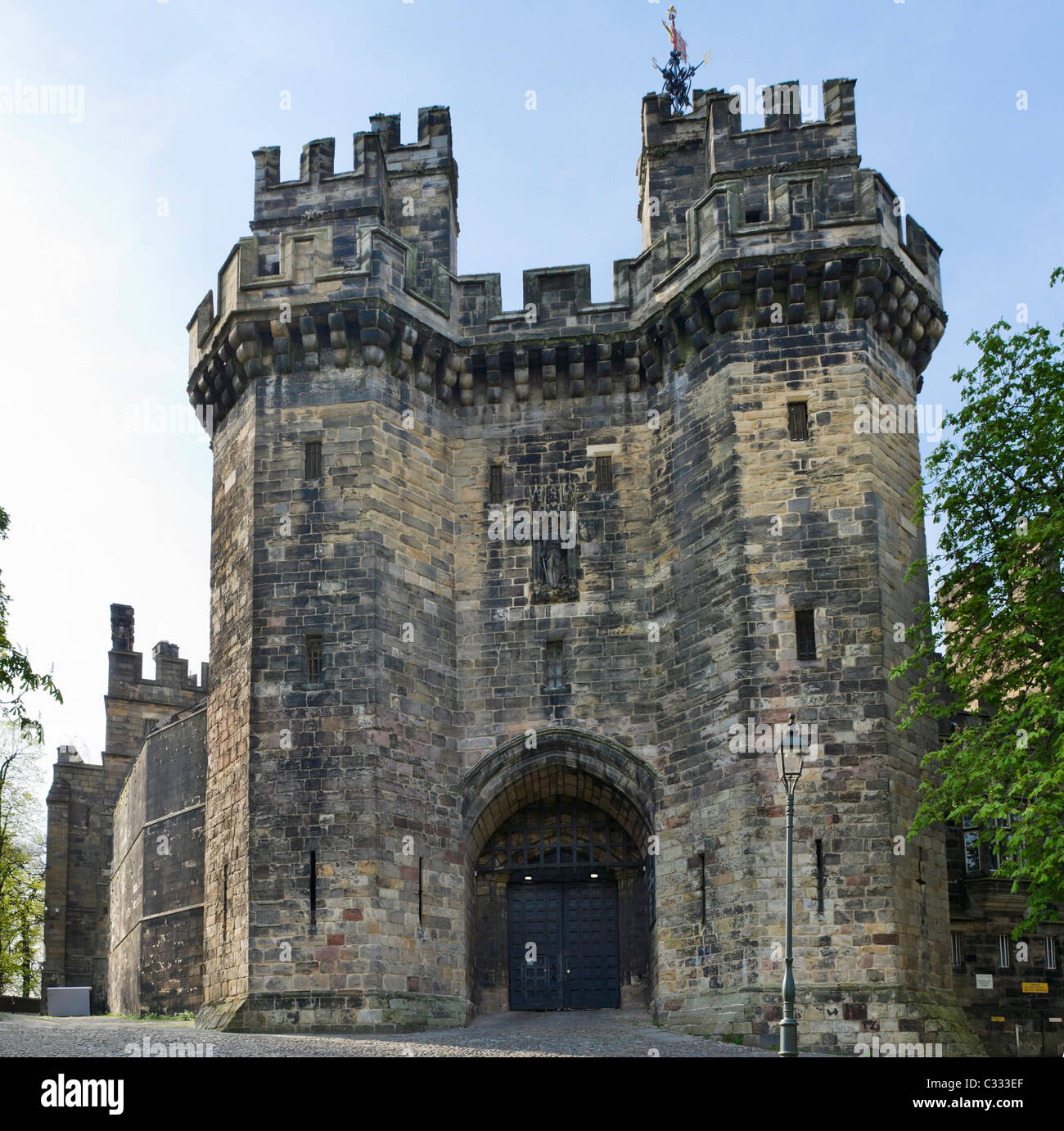 Ingresso al castello di Lancaster, Lancaster, Lancashire, Regno Unito Foto Stock