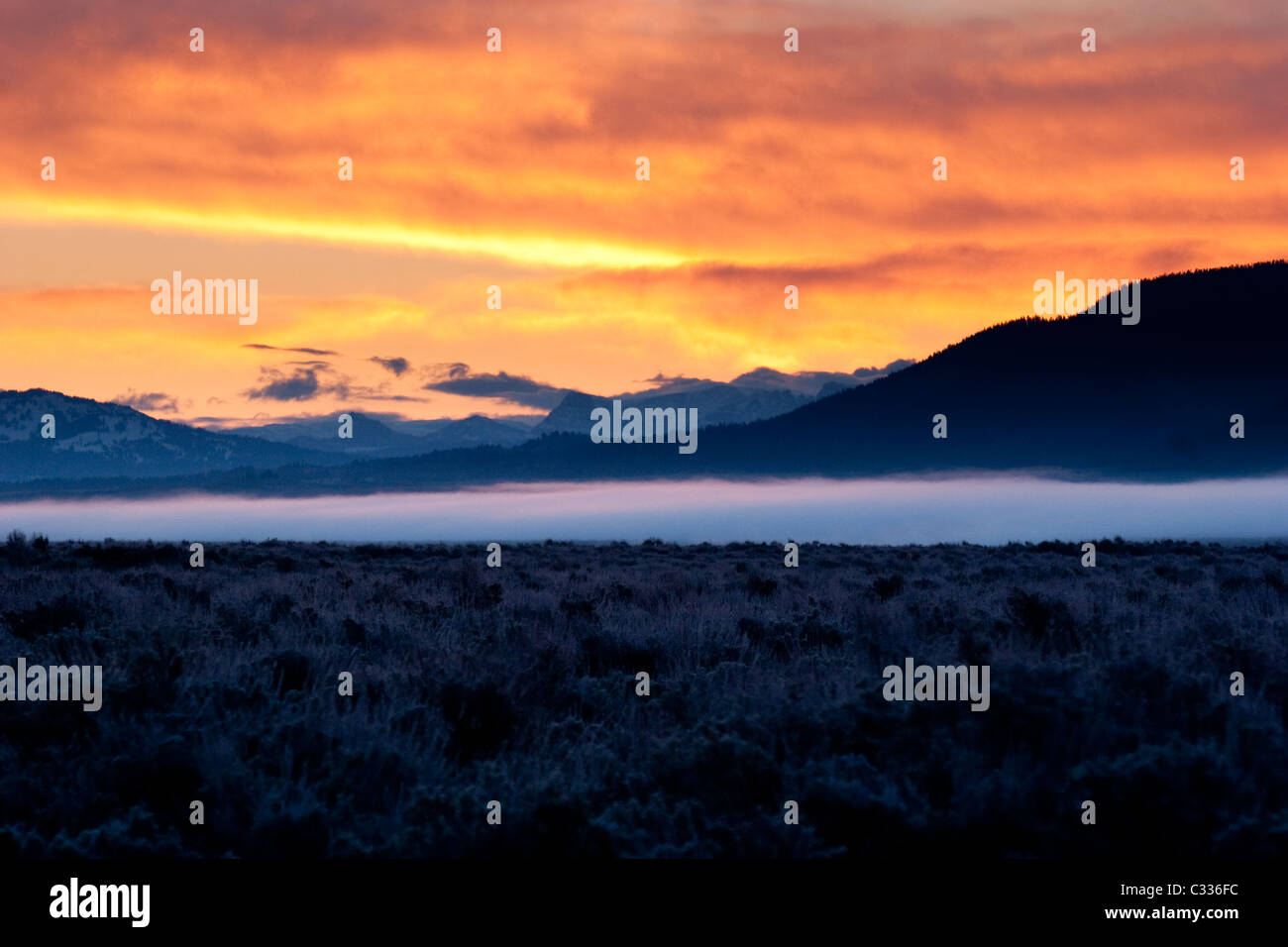 Un ampio angolo di visualizzazione orizzontale del Grand Teton National Park prese a sunrise. Foto Stock