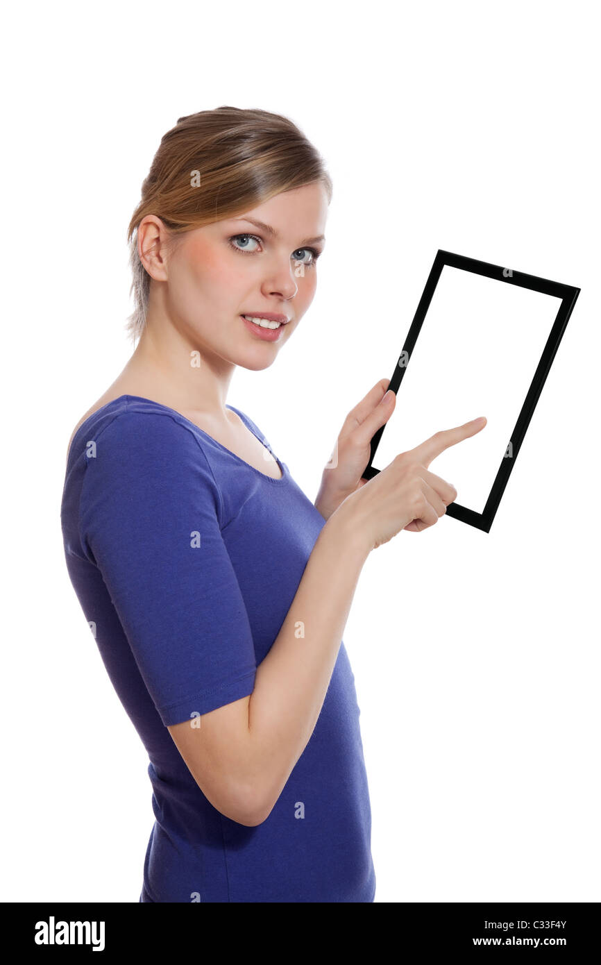 Bella donna tenendo un vuoto pc touchpad, 1 dito tocca la schermata è possibile aggiungere qualunque desiderate nella schermata Foto Stock