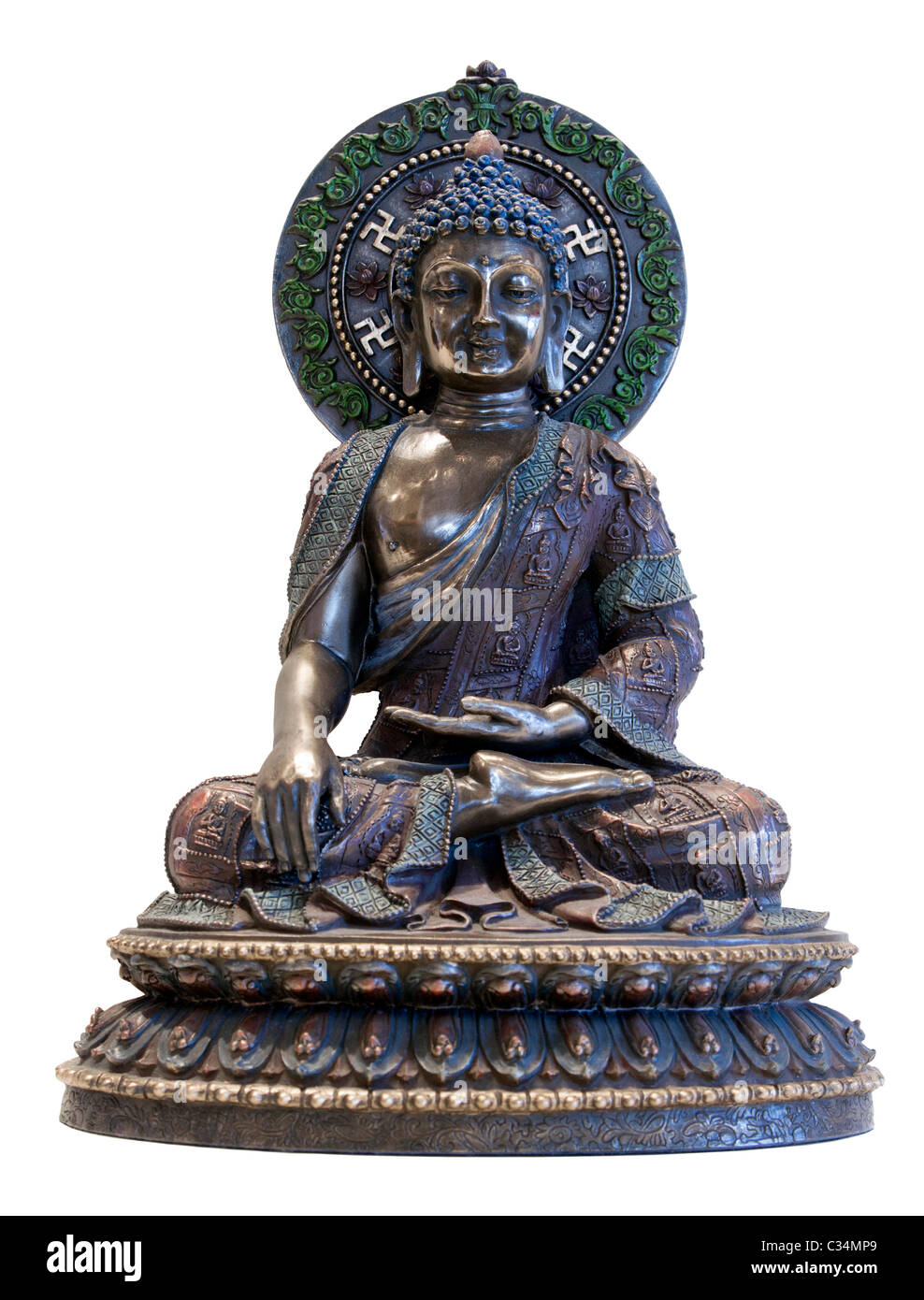 Il Buddha di bronzo seduta su Lotus terra toccando pongono isolato Foto Stock