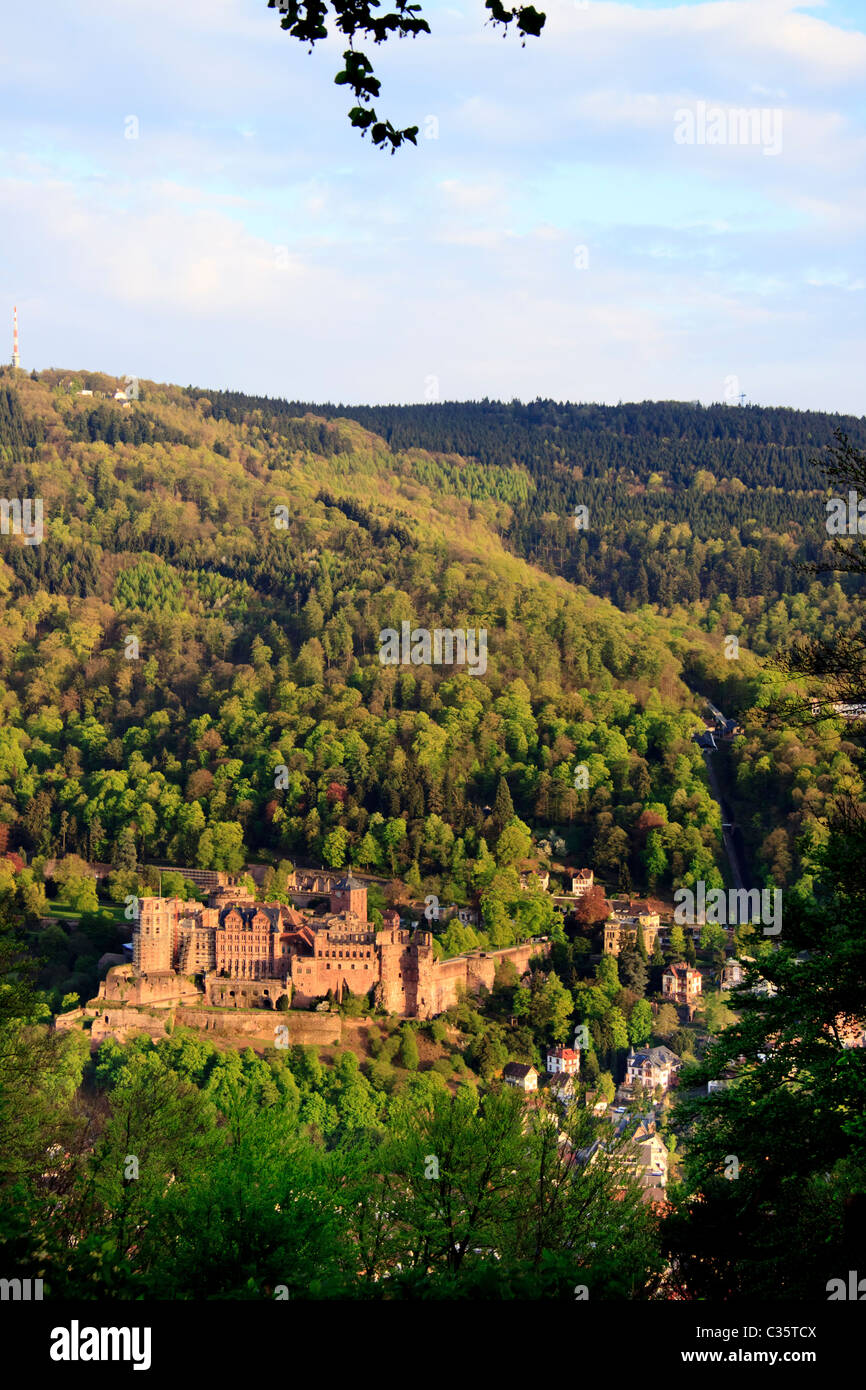 Vista di Schloss Heidelberg, (Heidelberg Castle) e la città vecchia di Heidelberg, Germania Foto Stock