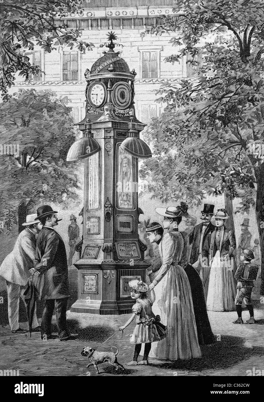 Urania colonna orologio a Berlino, Germania, illustrazione storico circa 1893 Foto Stock