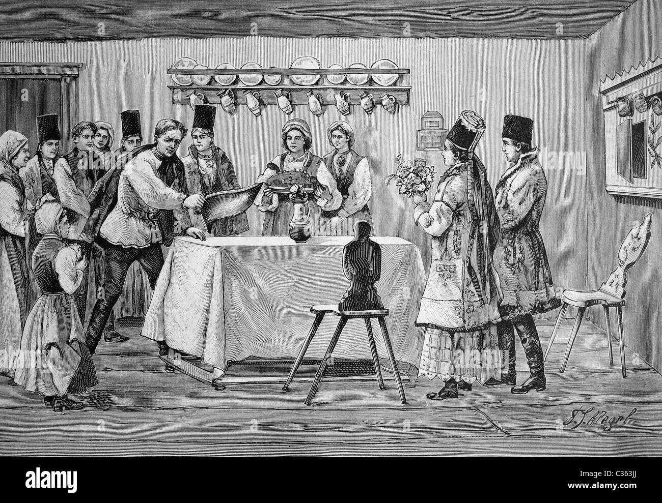 Wedding customa dei Sassoni, illustrazione storico circa 1893 Foto Stock