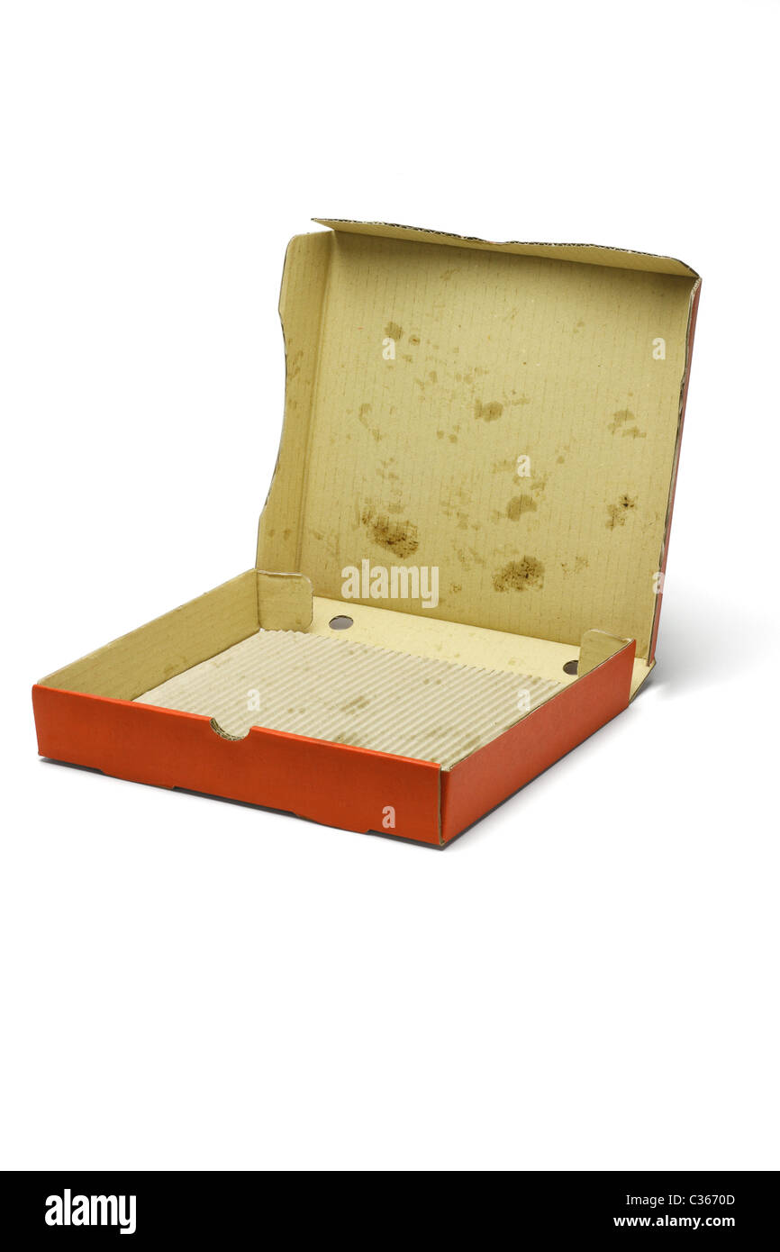 Aprire vuoto consegna pizza box su sfondo bianco Foto Stock