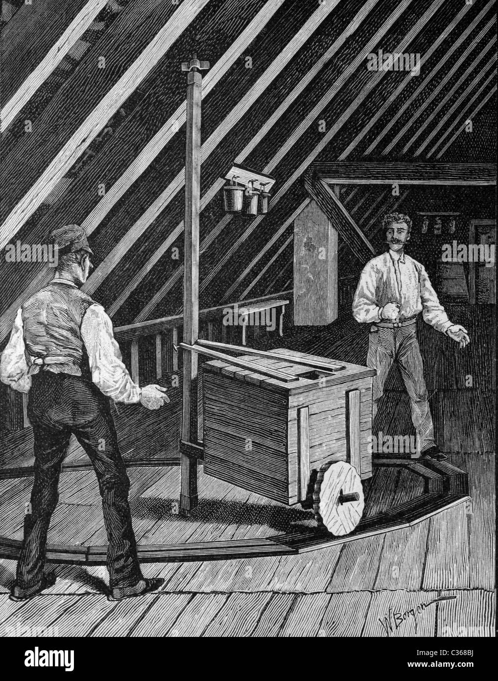 Tamburo tonante per generare il tuono sul palco, storico illustrazione, circa 1886 Foto Stock