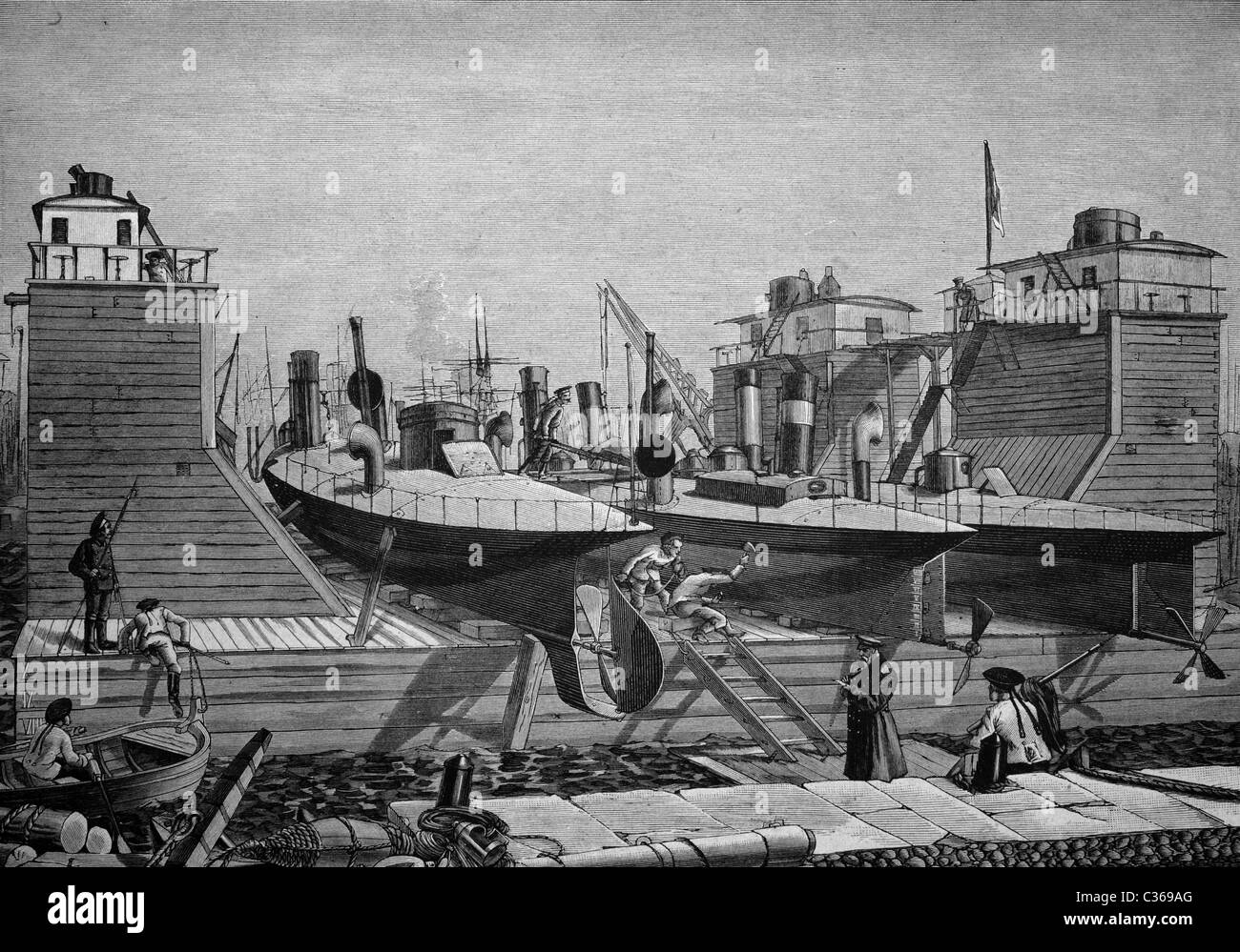 Pontile galleggiante per torpediniere nel porto di Kronstadt, Kotlin, Russia, storico illustrazione, circa 1886 Foto Stock
