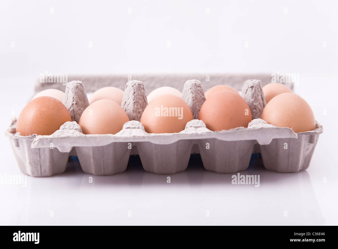 Uova in cartone con sfondo bianco Foto Stock
