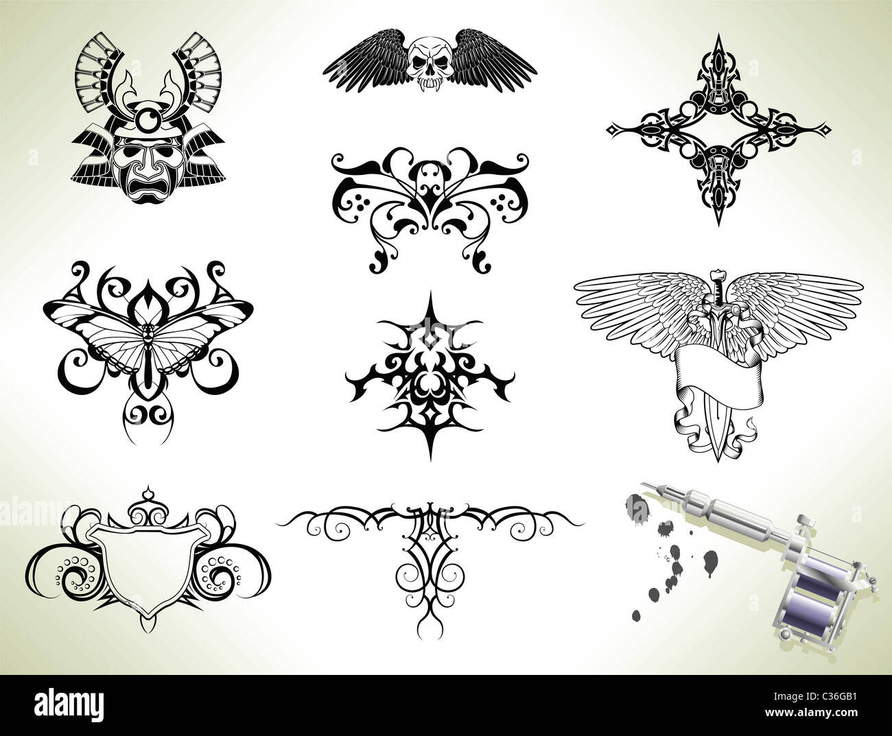 Serie di tattoo flash design elementi con tattooists a pistola o a macchina Foto Stock