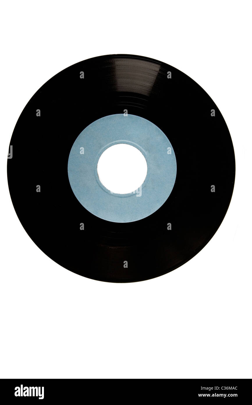 Vista frontale di vinile nero con etichetta blu Foto Stock