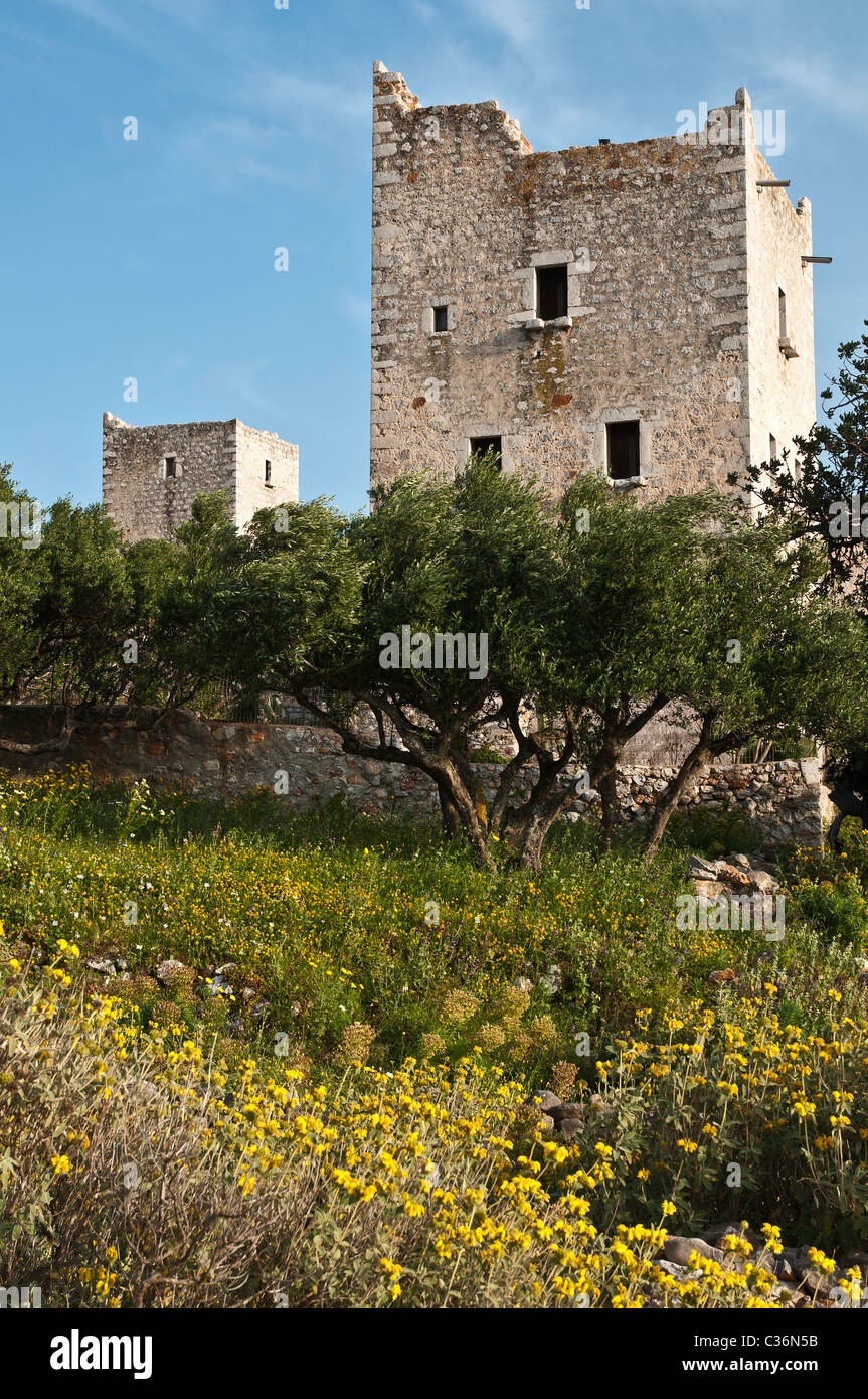 Torre in pietra case nel villaggio di Kita, nel profondo della Mani, sud del Peloponneso, della Grecia. Foto Stock