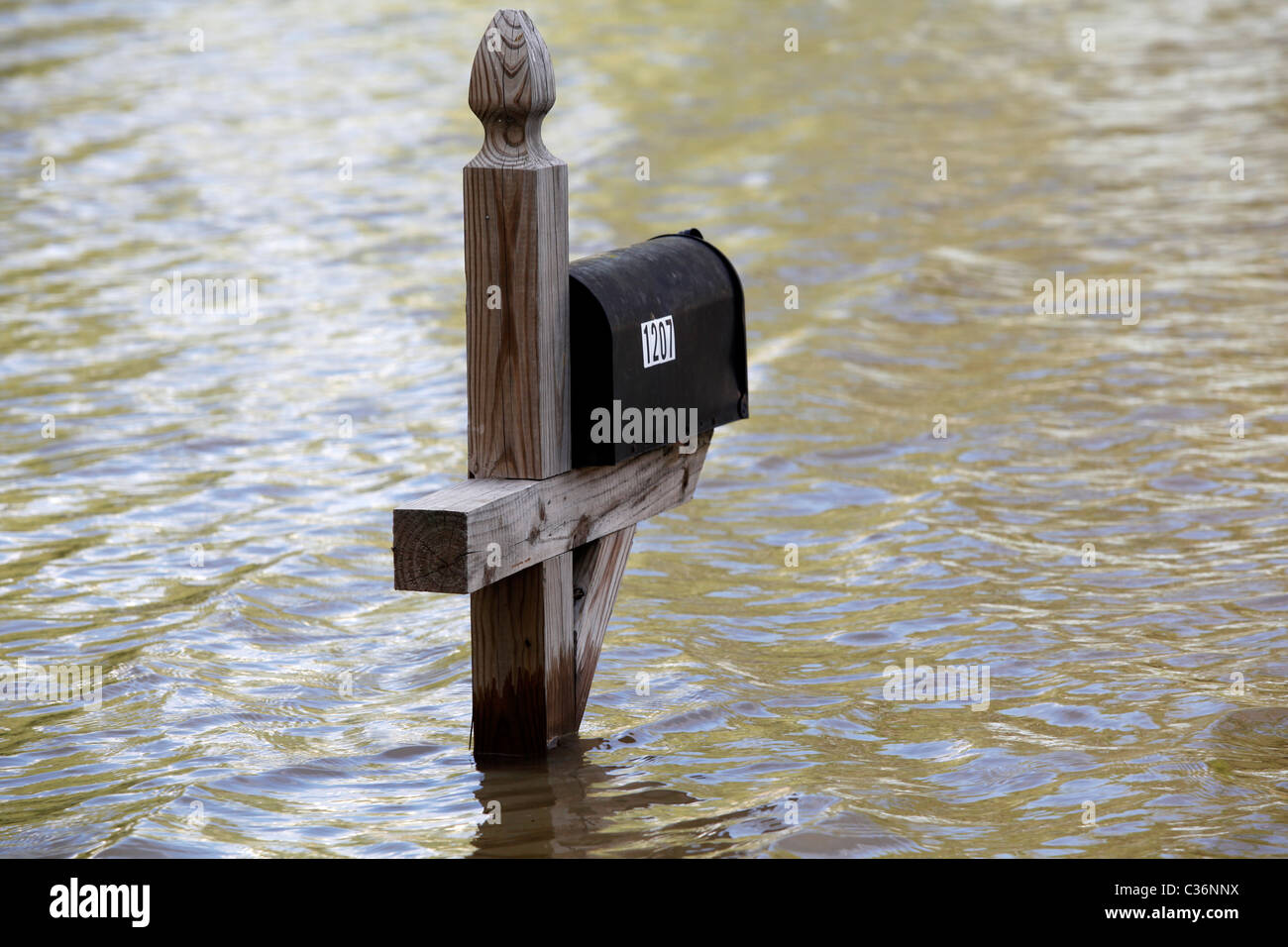 Il Sandquist della cassetta postale si erge in quasi quattro piedi del fiume Mississippi inondazione nella stella rossa distretto di Cape Girardeau. Foto Stock