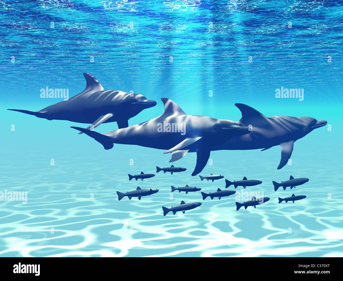 Tre i delfini nuotare con un gruppo di pesci di scogliera. Foto Stock